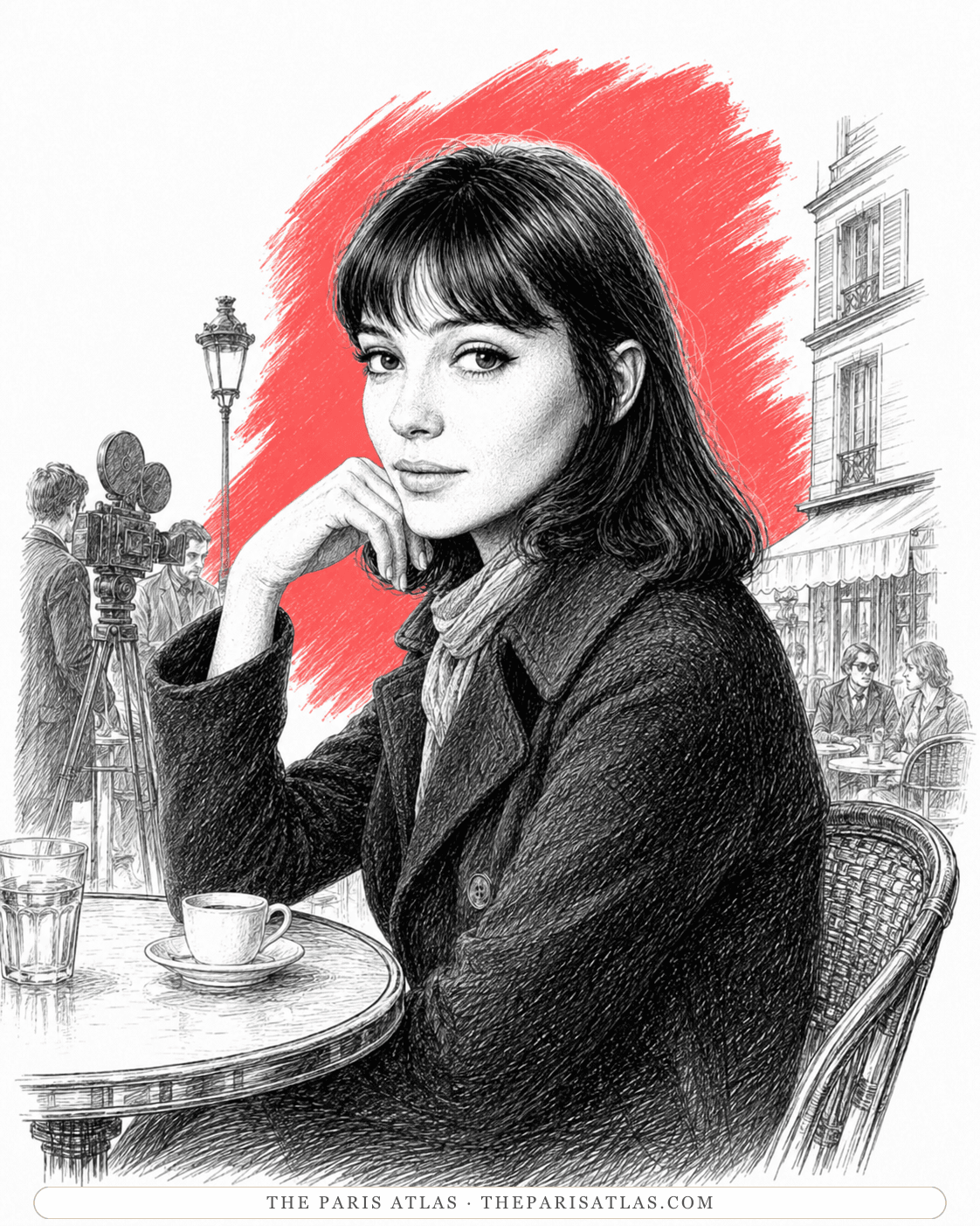 Pen-and-ink illustration of Anna Karina at a Paris café table, hand to her chin, a coffee cup before her and a film crew behind
