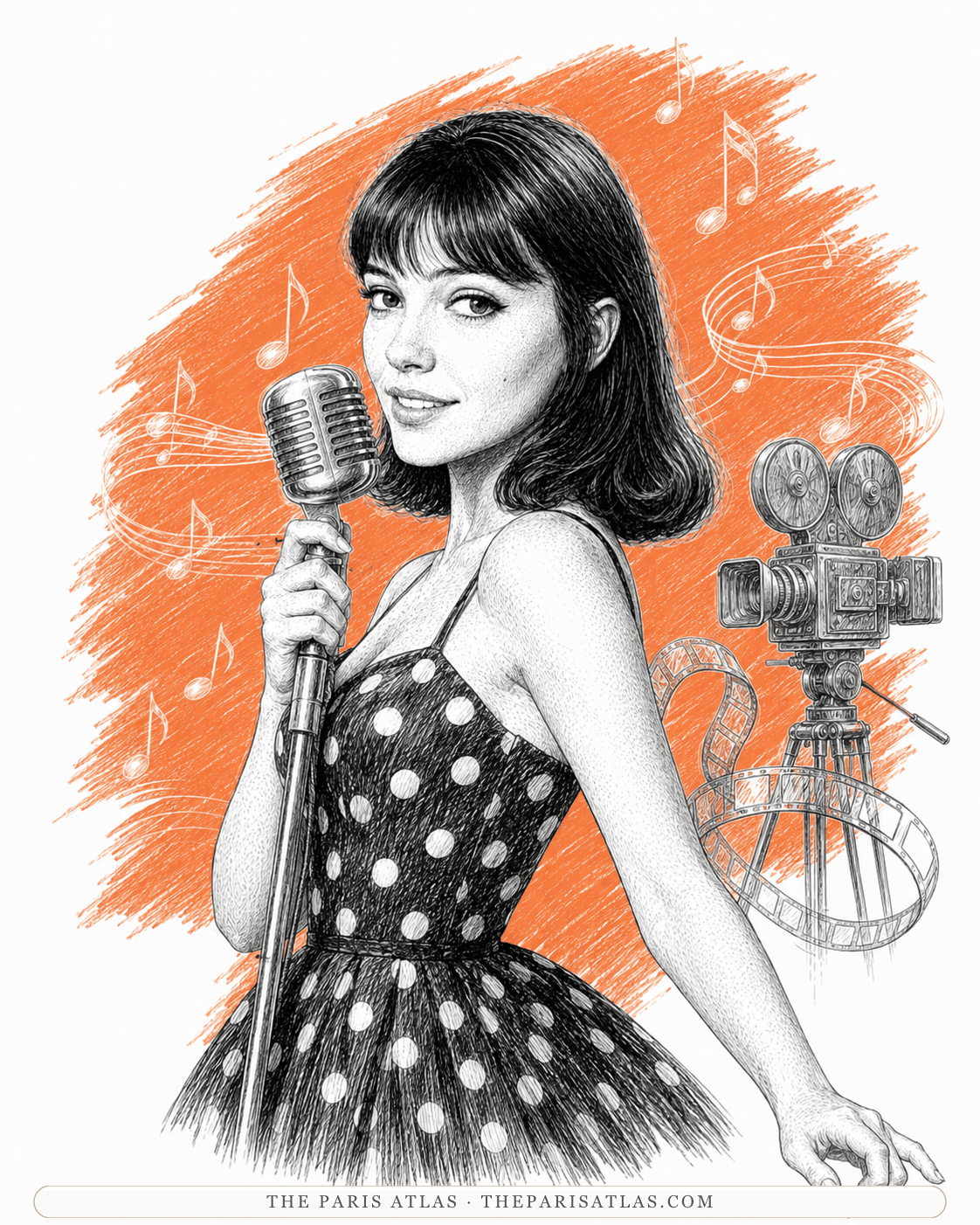 Pen-and-ink illustration of Anna Karina singing into a vintage microphone, a polka-dot dress, musical notes and a film camera behind her
