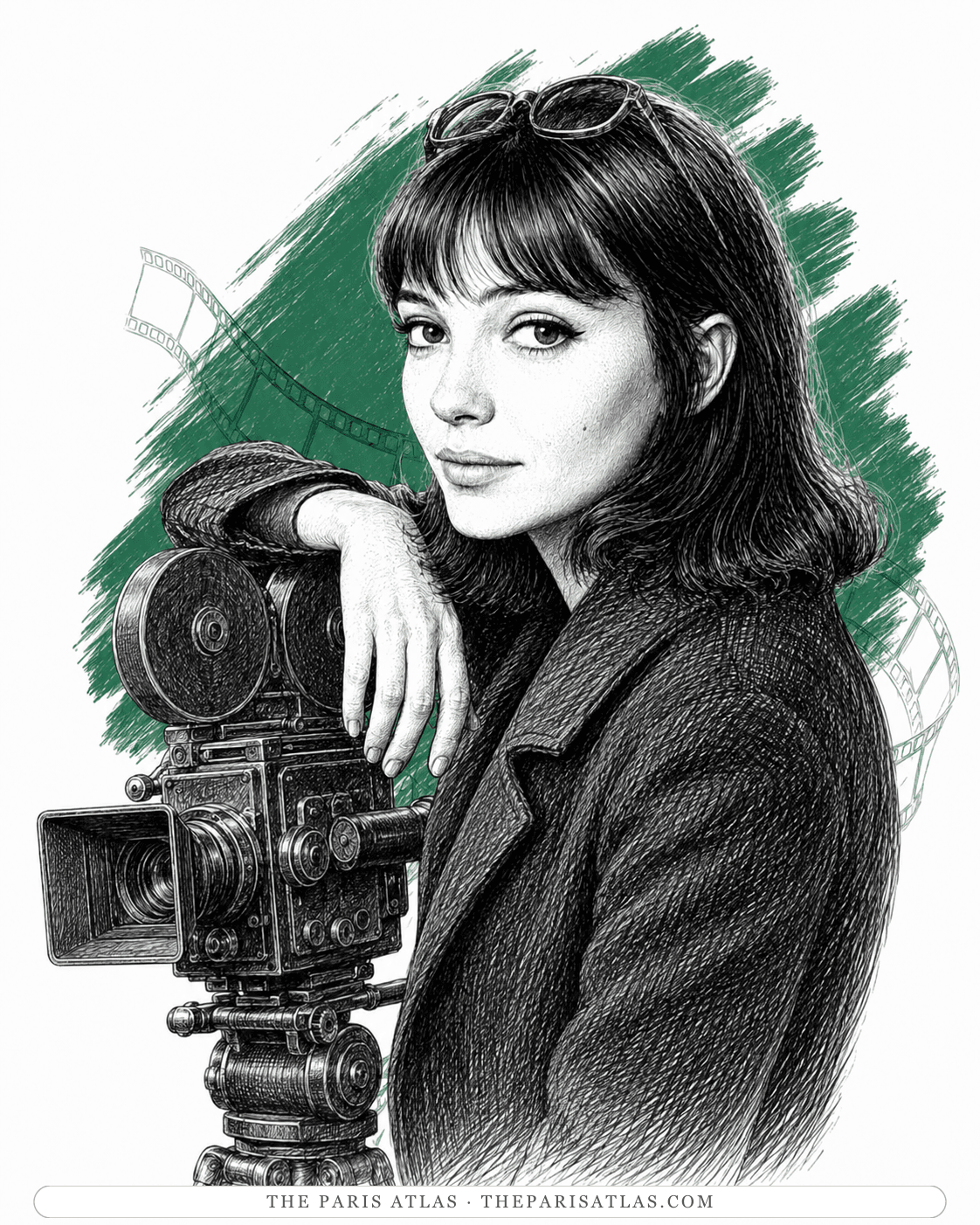 Pen-and-ink illustration of Anna Karina leaning on a film camera, sunglasses pushed up on her head, a strip of film behind her