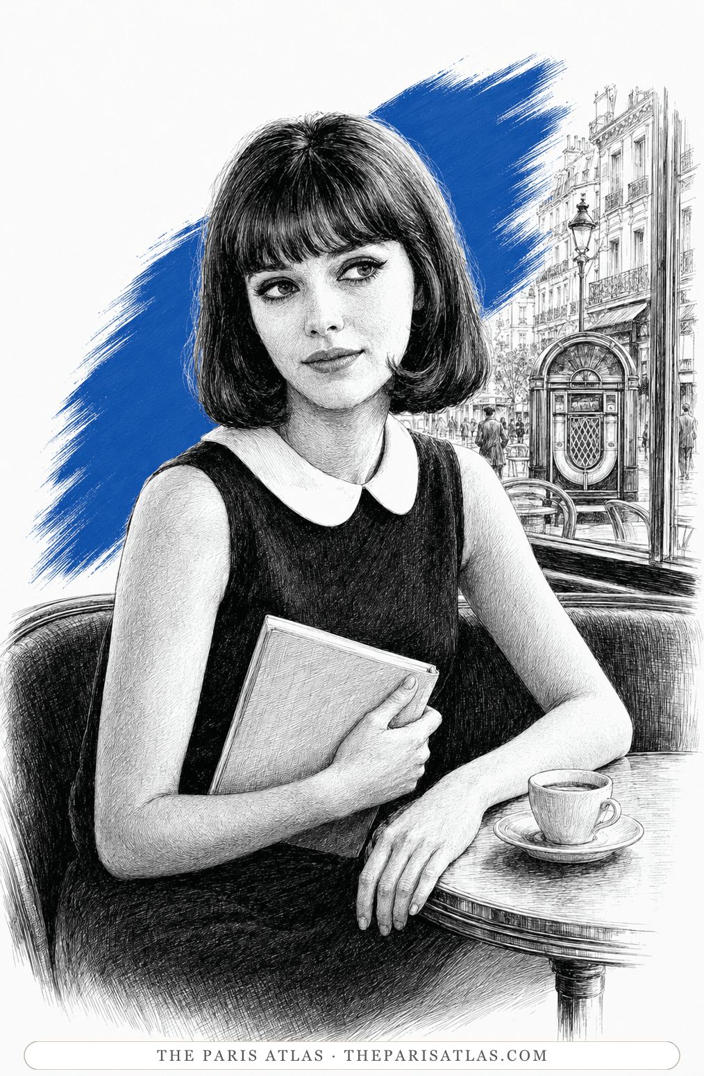 Pen-and-ink illustration of Anna Karina at a Paris café table, a book held to her chest and an espresso before her, a street of Haussmann façades behind