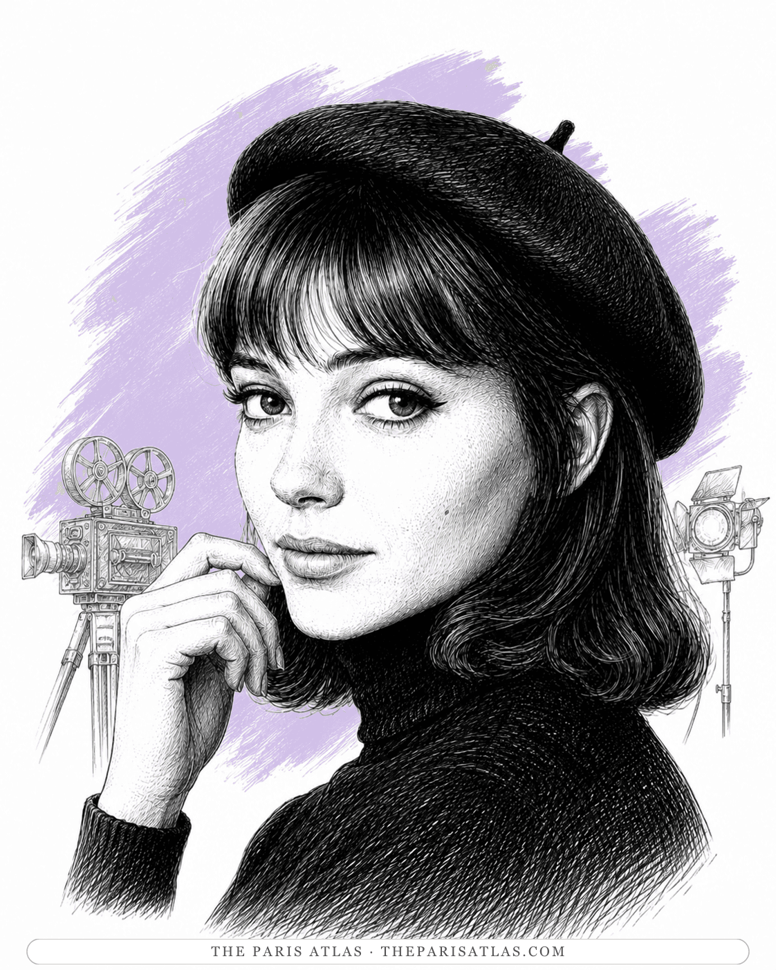 Pen-and-ink illustration of Anna Karina in a black beret and turtleneck, hand to her chin, a film camera and light behind her