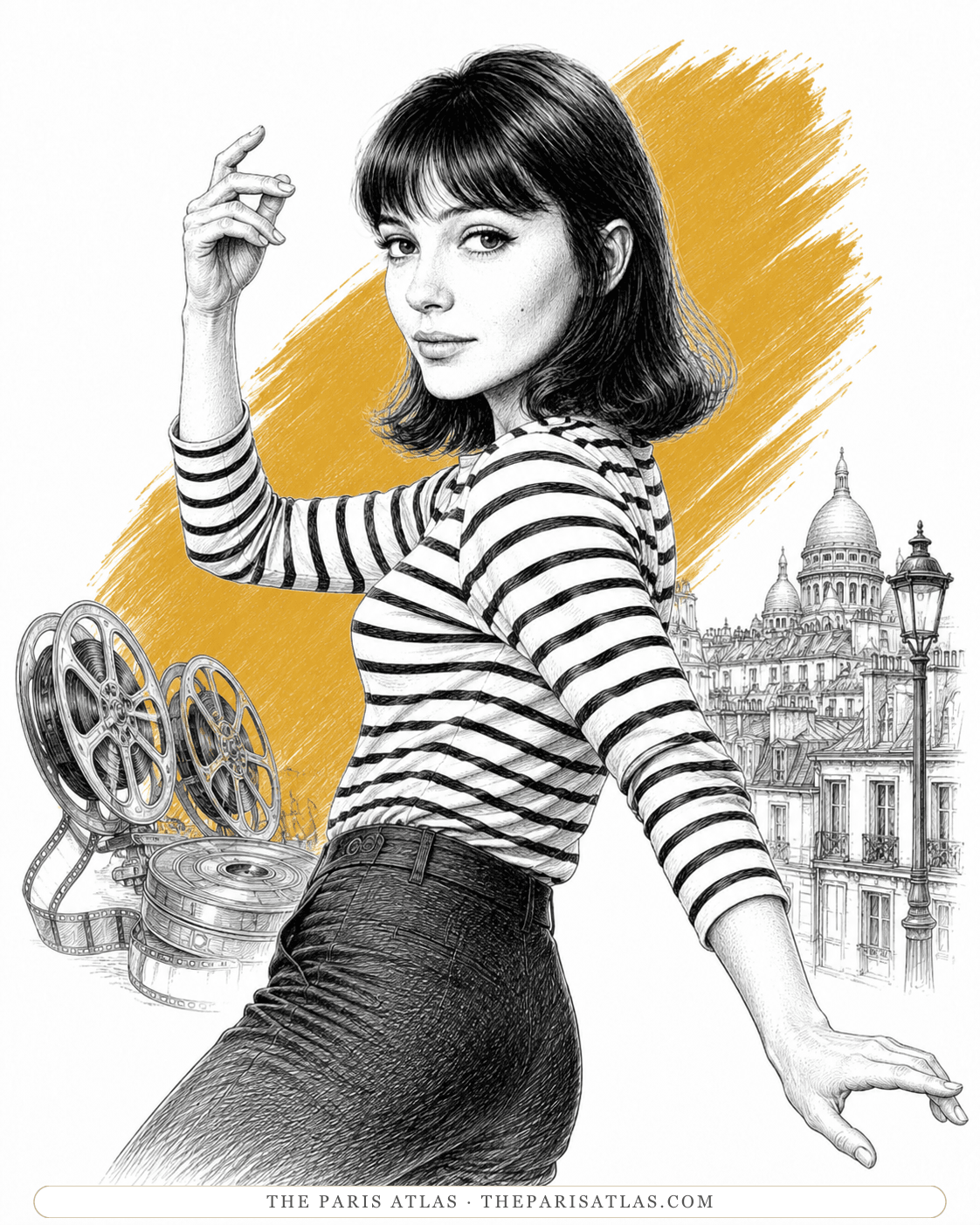 Pen-and-ink illustration of Anna Karina in a striped Breton top, one arm raised, film reels and the domes of Montmartre behind her