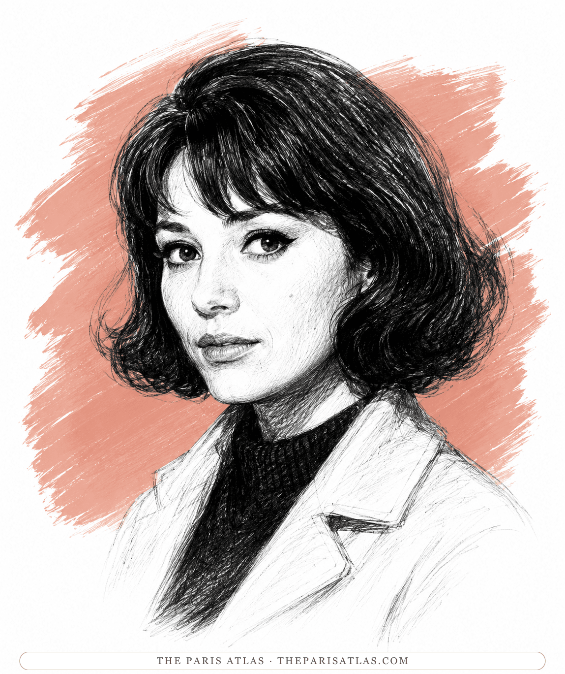 Pen-and-ink illustration of Anna Karina in a pale coat over a black turtleneck, dark bob and bangs, a coral wash behind her