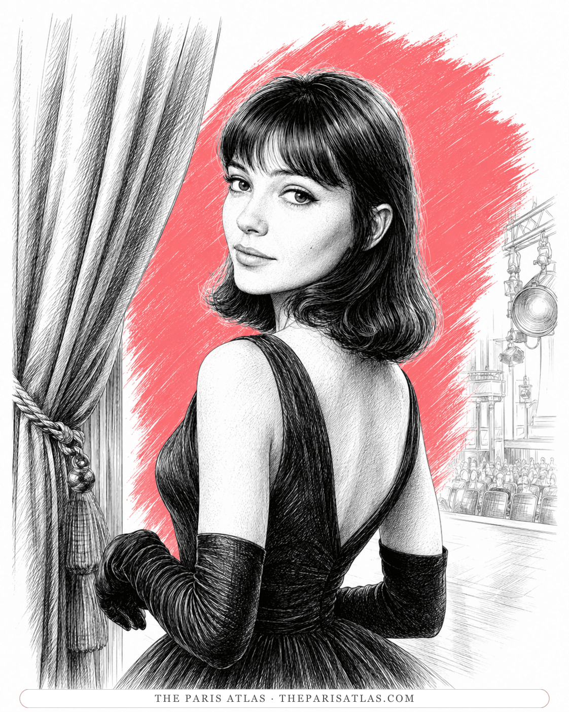 Pen-and-ink illustration of Anna Karina in a backless evening gown, glancing back beside a stage curtain, an auditorium behind her
