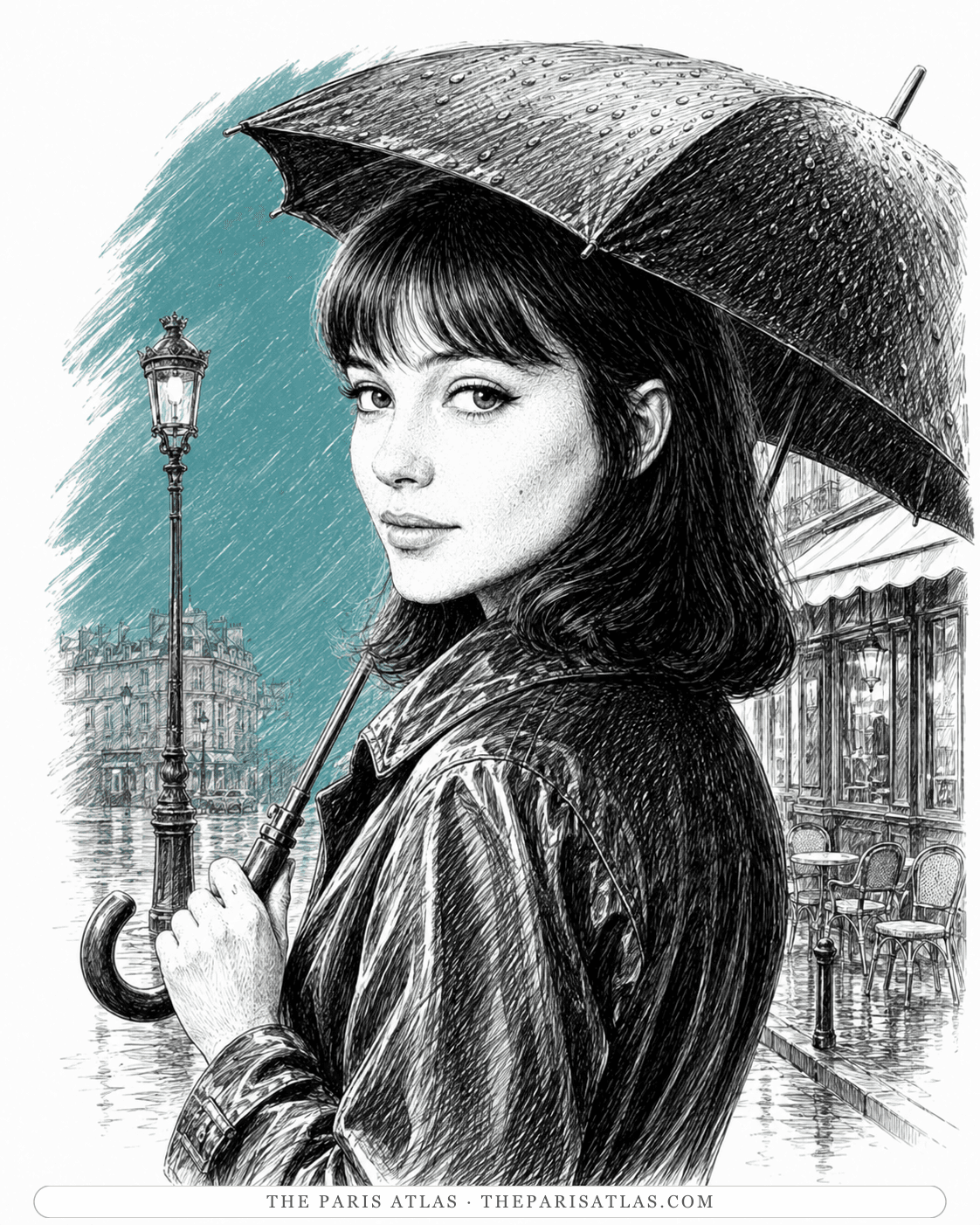 Pen-and-ink illustration of Anna Karina under an umbrella on a rainy Paris street, a lamp-post and a café terrace behind her