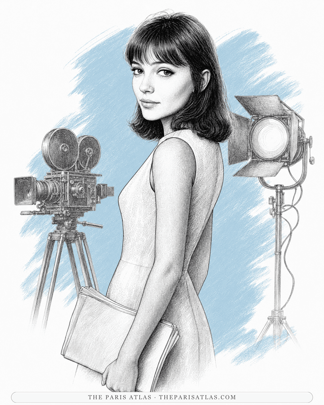 Pen-and-ink illustration of Anna Karina in a pale shift dress holding a script, a film camera on one side and a studio light on the other