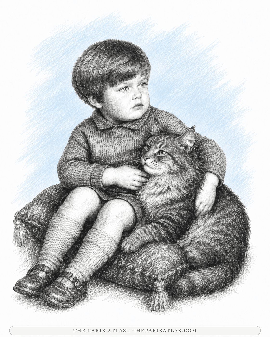 Illustration of the young Bumby seated with a large tabby cat