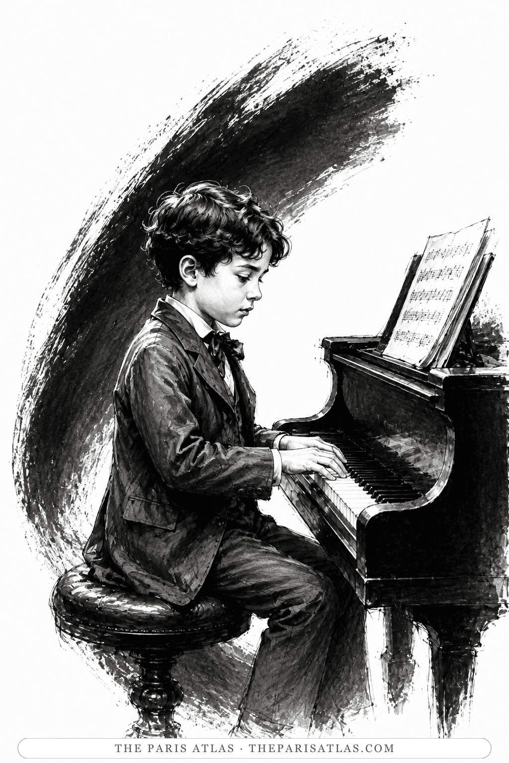 Illustration of Claude Debussy as a child practicing at the piano