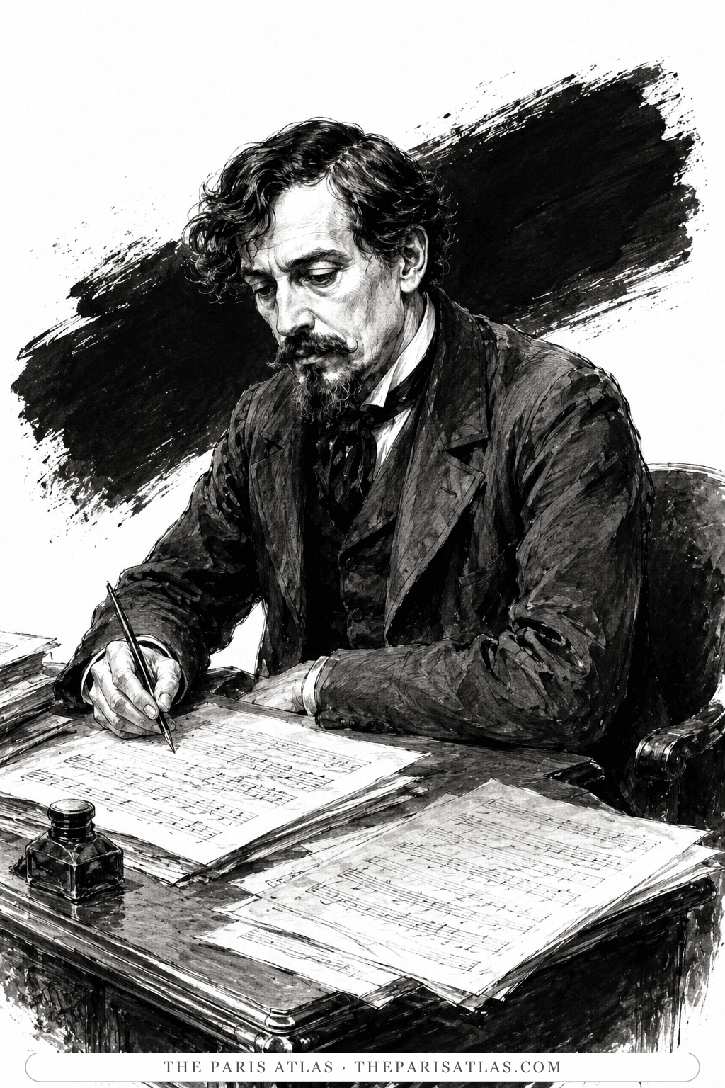 Illustration of Claude Debussy composing music at a desk covered with manuscript pages