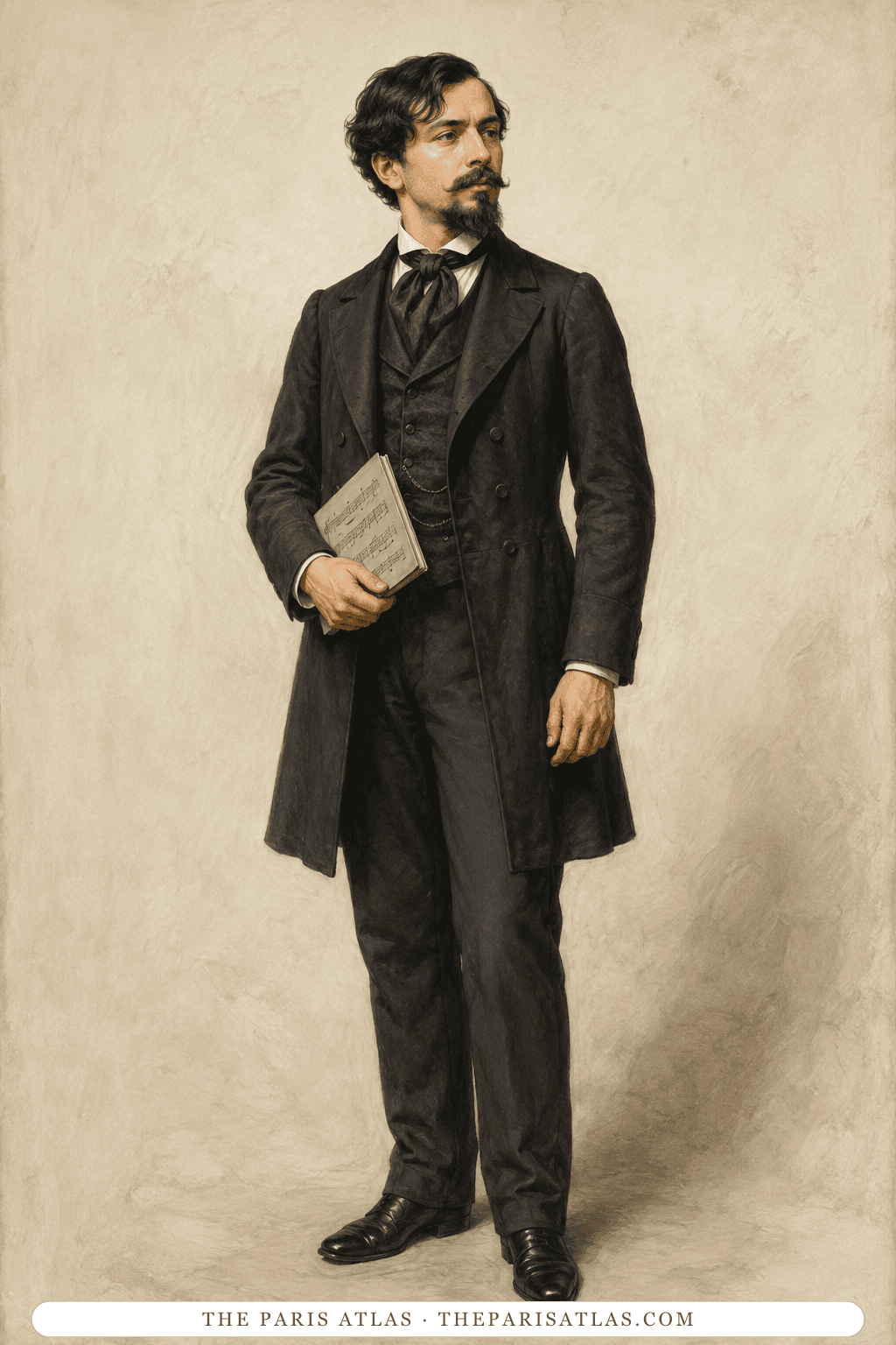 Color illustration of Claude Debussy standing with a bound musical score