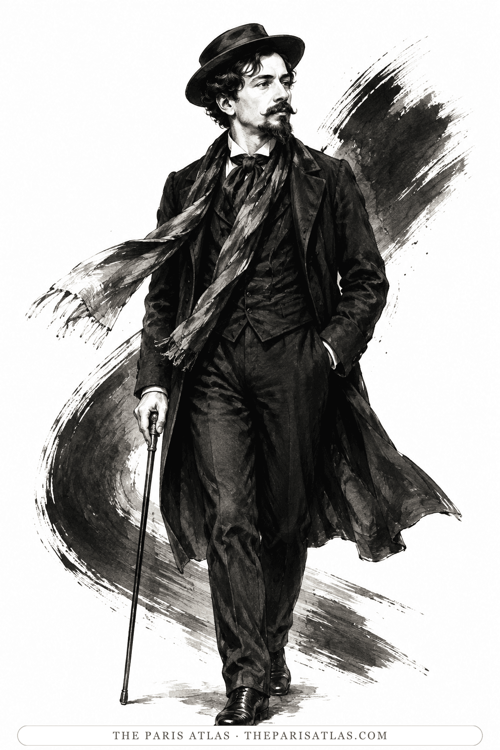 Illustration of Claude Debussy walking through Paris in a hat and long coat with a cane