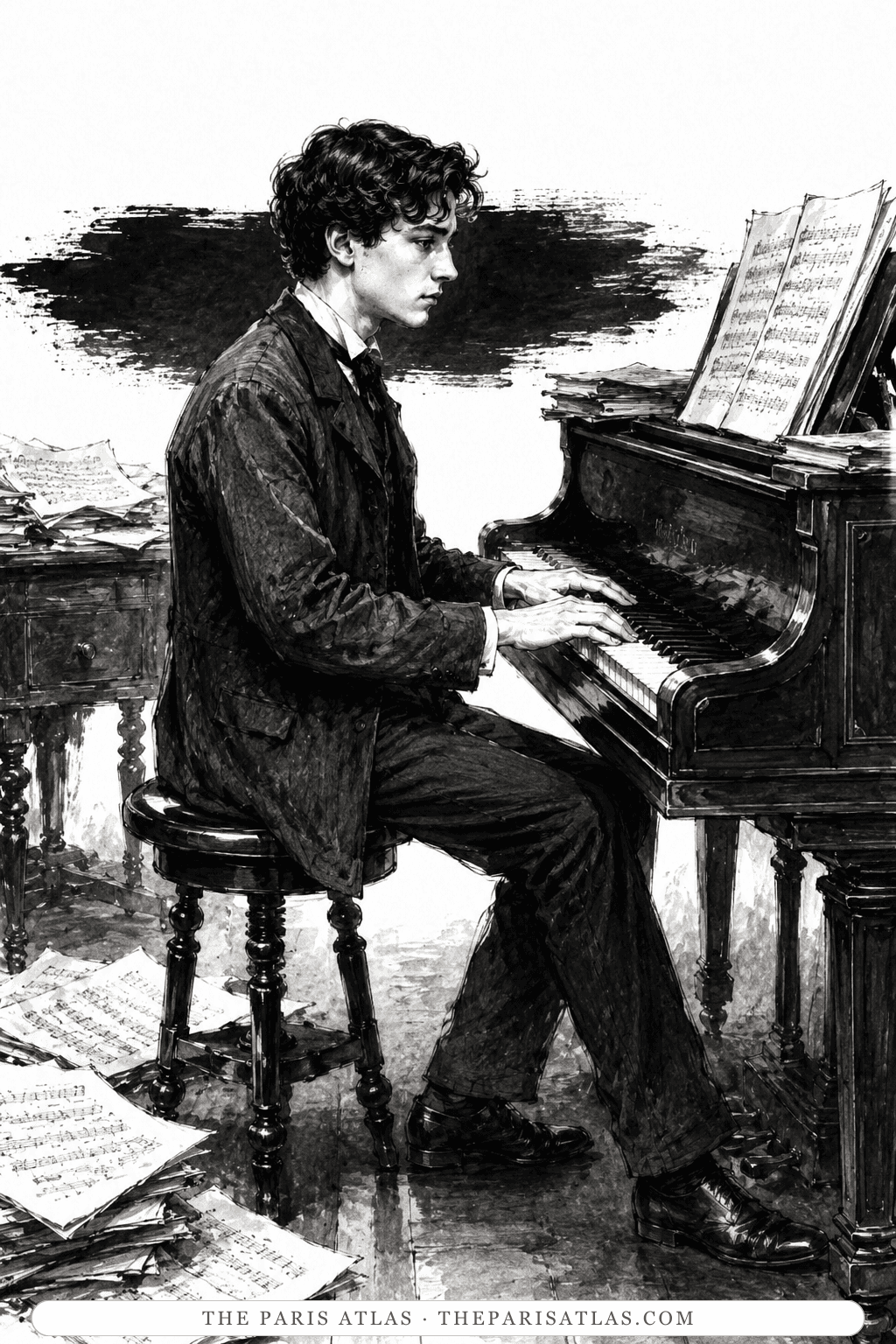 Illustration of a young Claude Debussy seated at a piano with sheet music around him