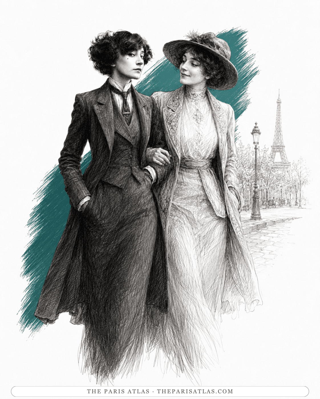 Illustration of Colette in masculine dress walking arm in arm with Mathilde de Morny in Paris