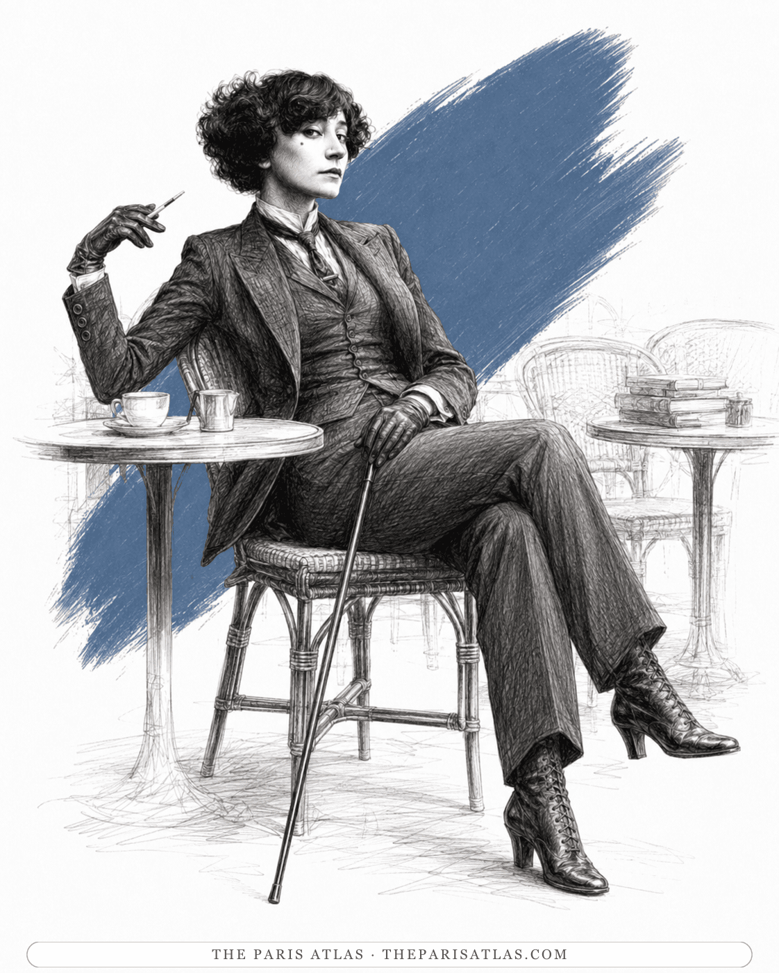 Illustration of Colette in a tailored suit seated with a cane and cigarette at a Paris café