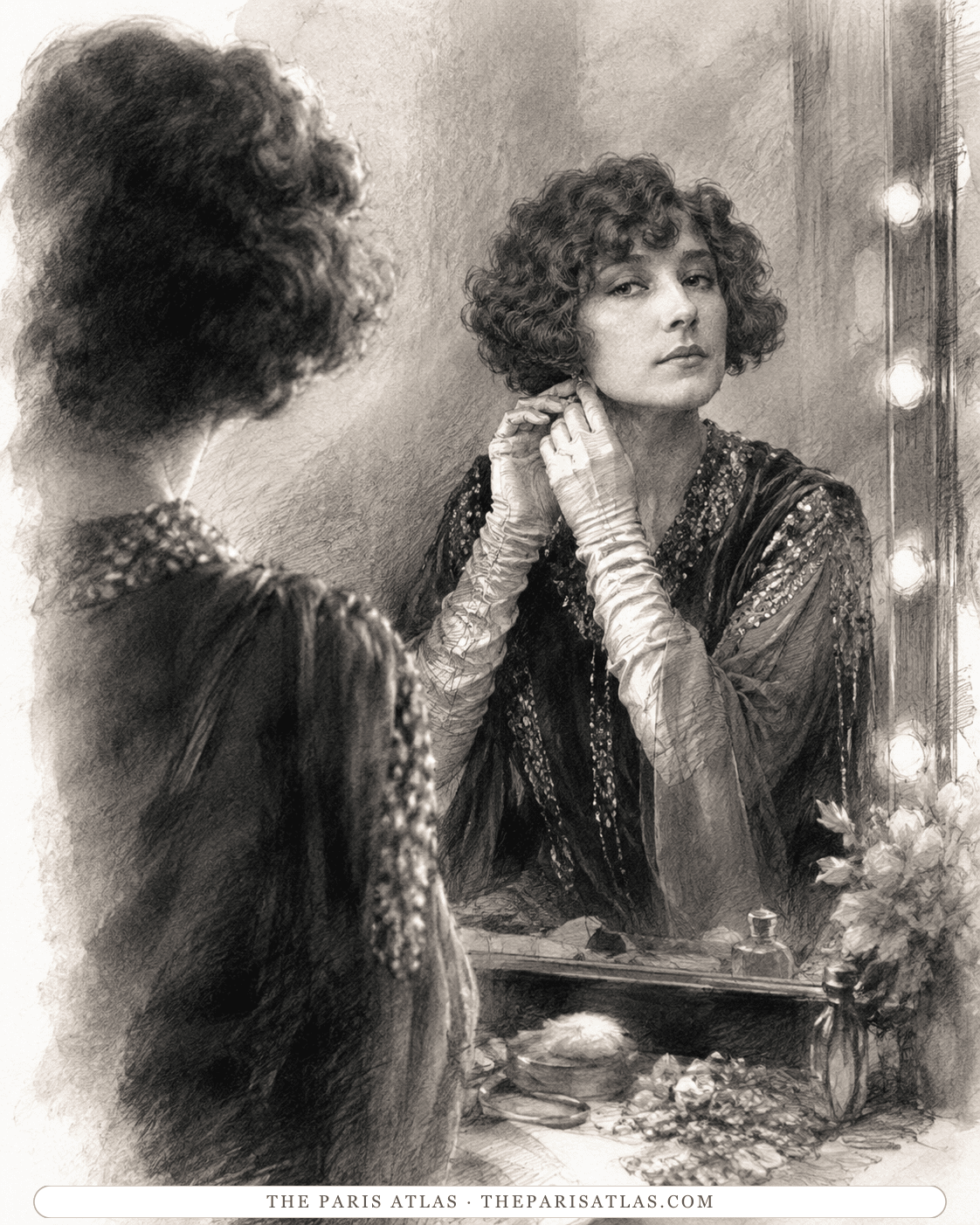 Illustration of Colette fastening an earring before a lit dressing-room mirror