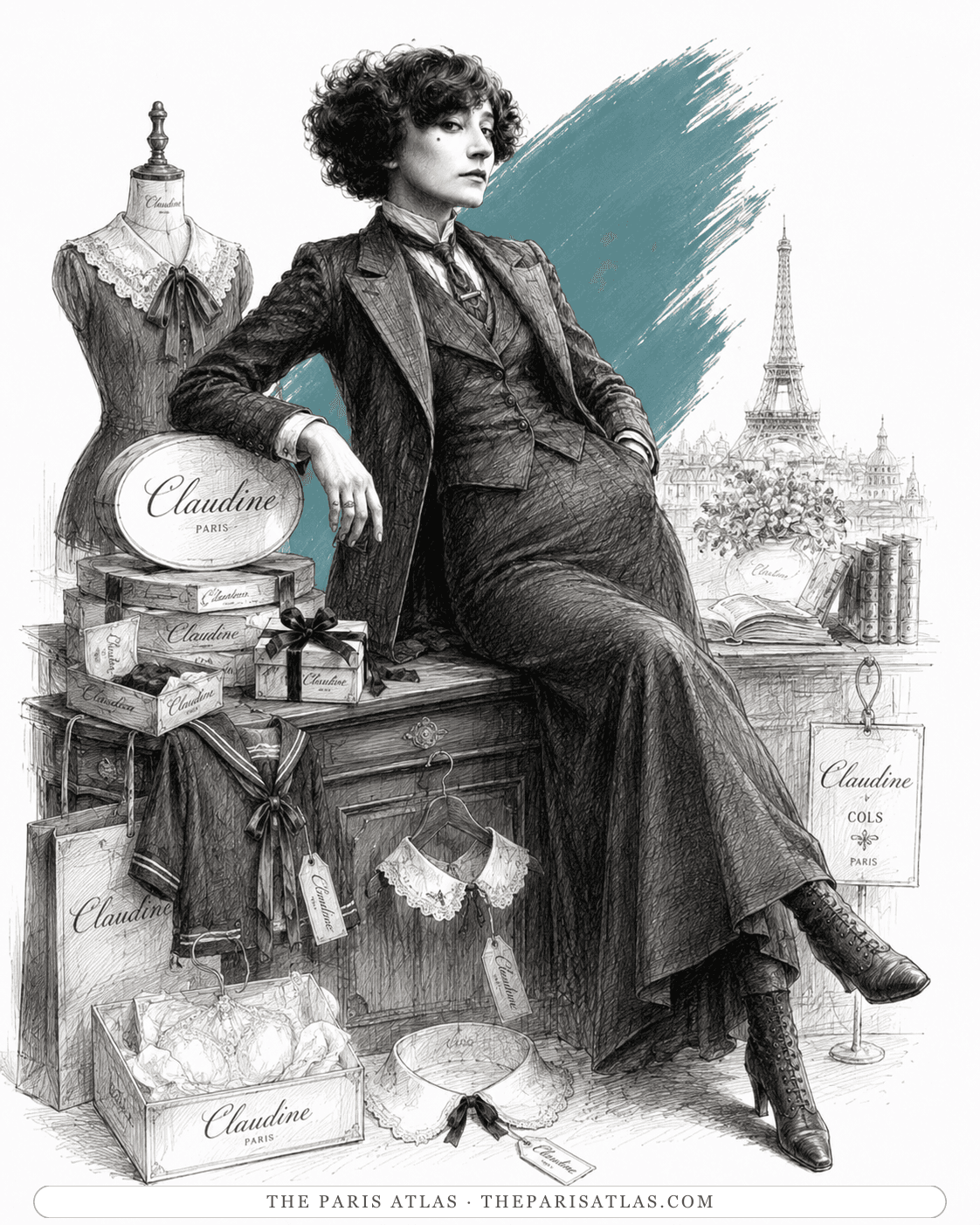 Illustration of Colette seated on a dresser beside Claudine collars, boxes, and a dress form