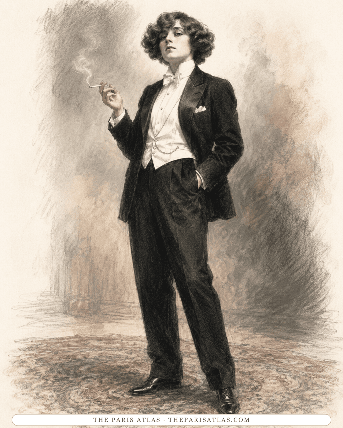 Illustration of Colette standing in a black tuxedo and white waistcoat, holding a cigarette