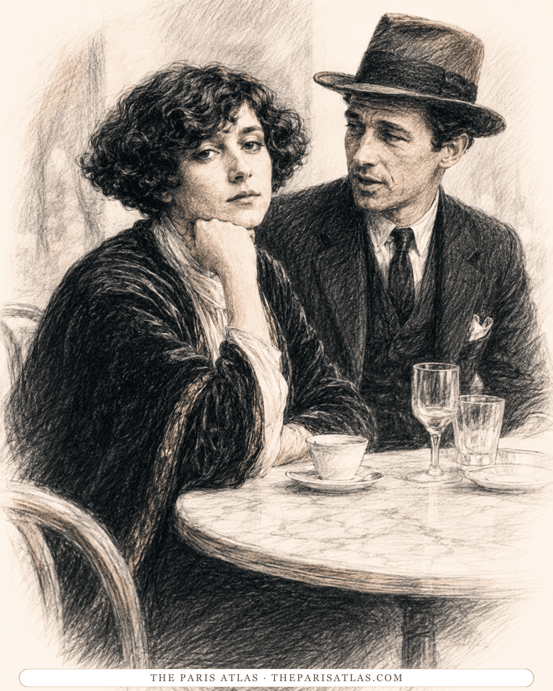 Illustration of Colette seated at a café table in conversation with a man in a dark suit and hat