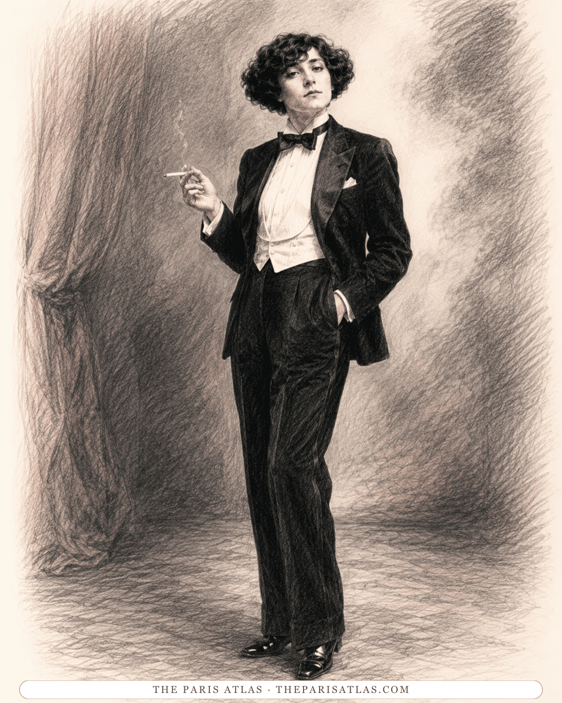 Illustration of Colette in a tuxedo and bow tie holding a cigarette in one hand
