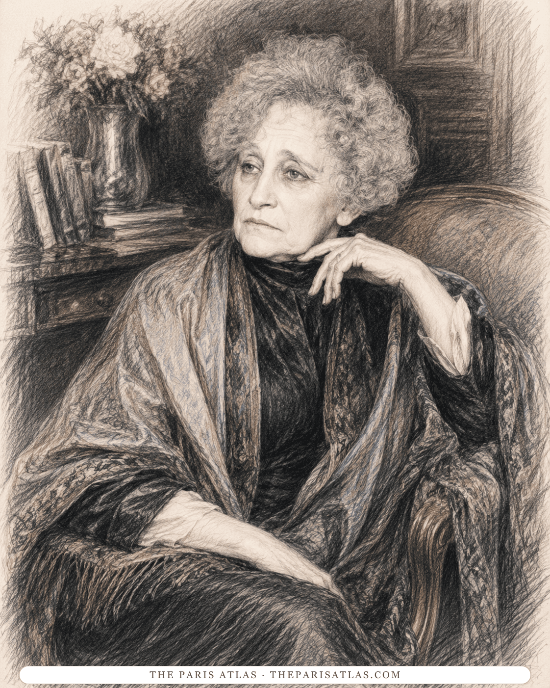 Illustration of an older Colette seated in an armchair with books and flowers behind her