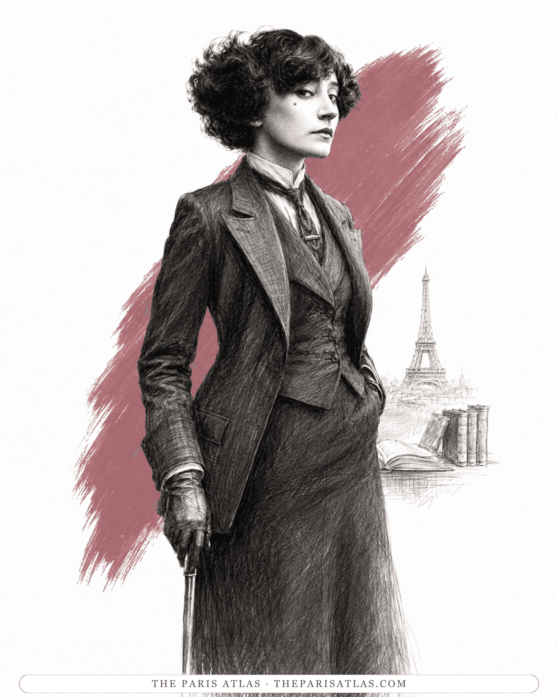 Illustration of Colette in a tailored dark suit with a cane, the Eiffel Tower and books behind her