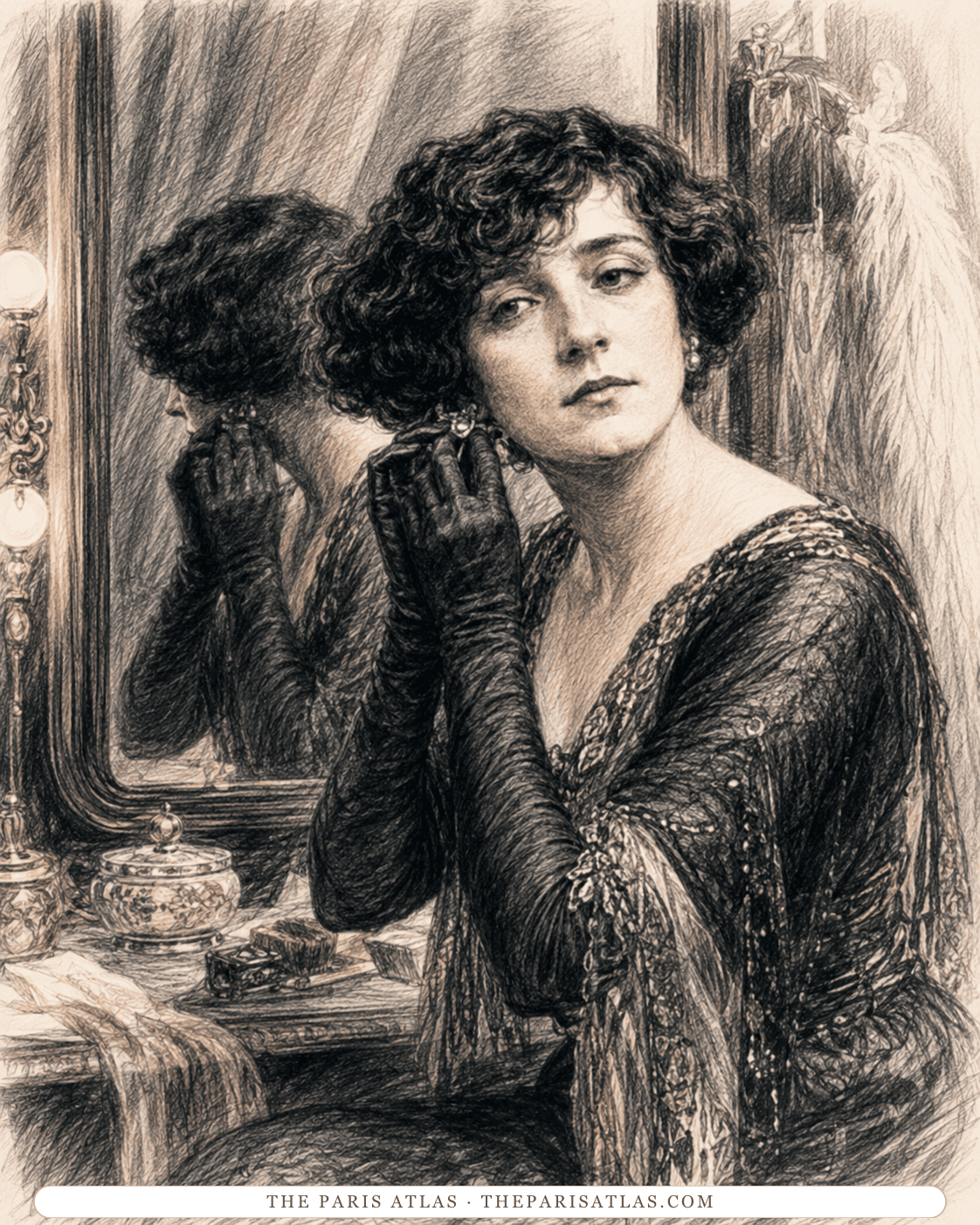 Illustration of Colette putting on an earring at a dressing-room table before a large mirror