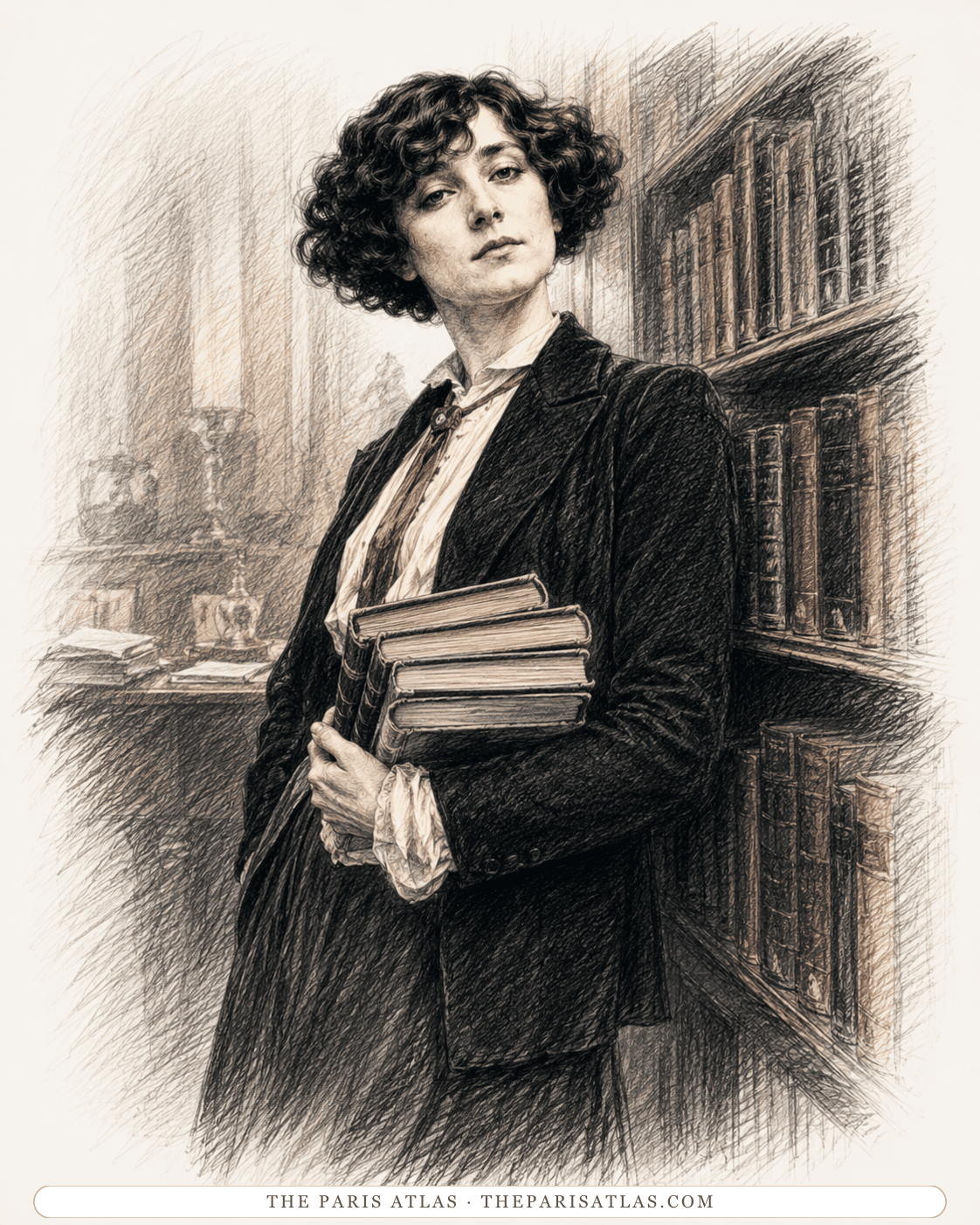 Illustration of Colette standing in a library with several books held against her chest