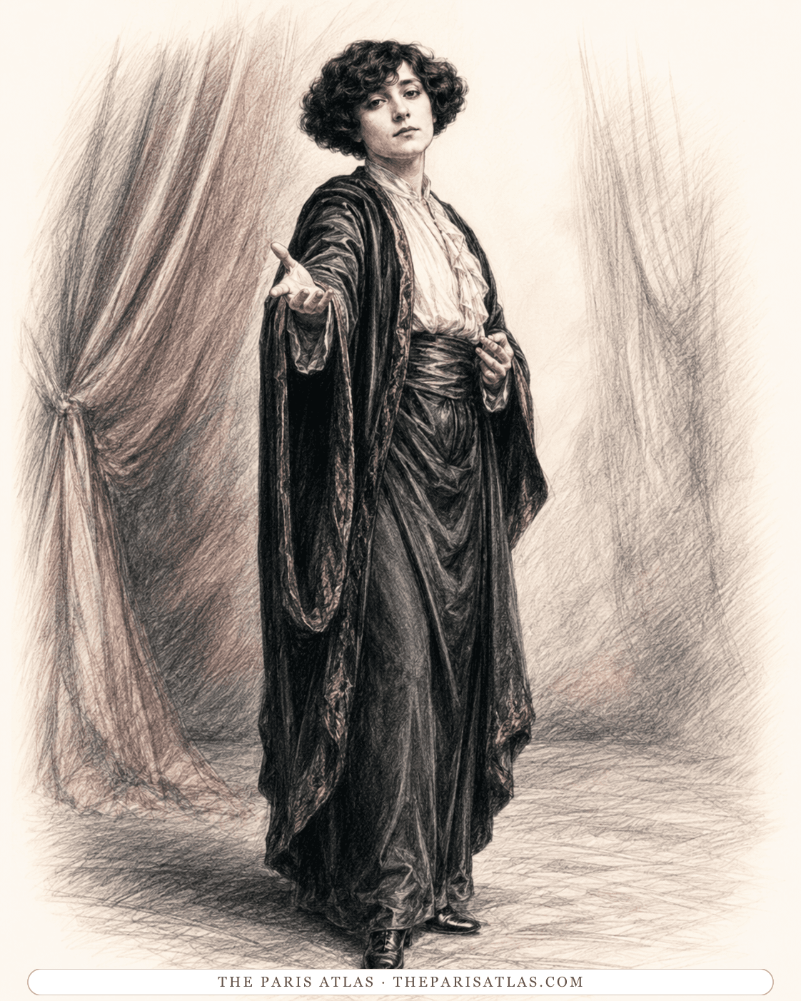 Illustration of Colette performing alone onstage in a dark robe, one hand extended toward the audience