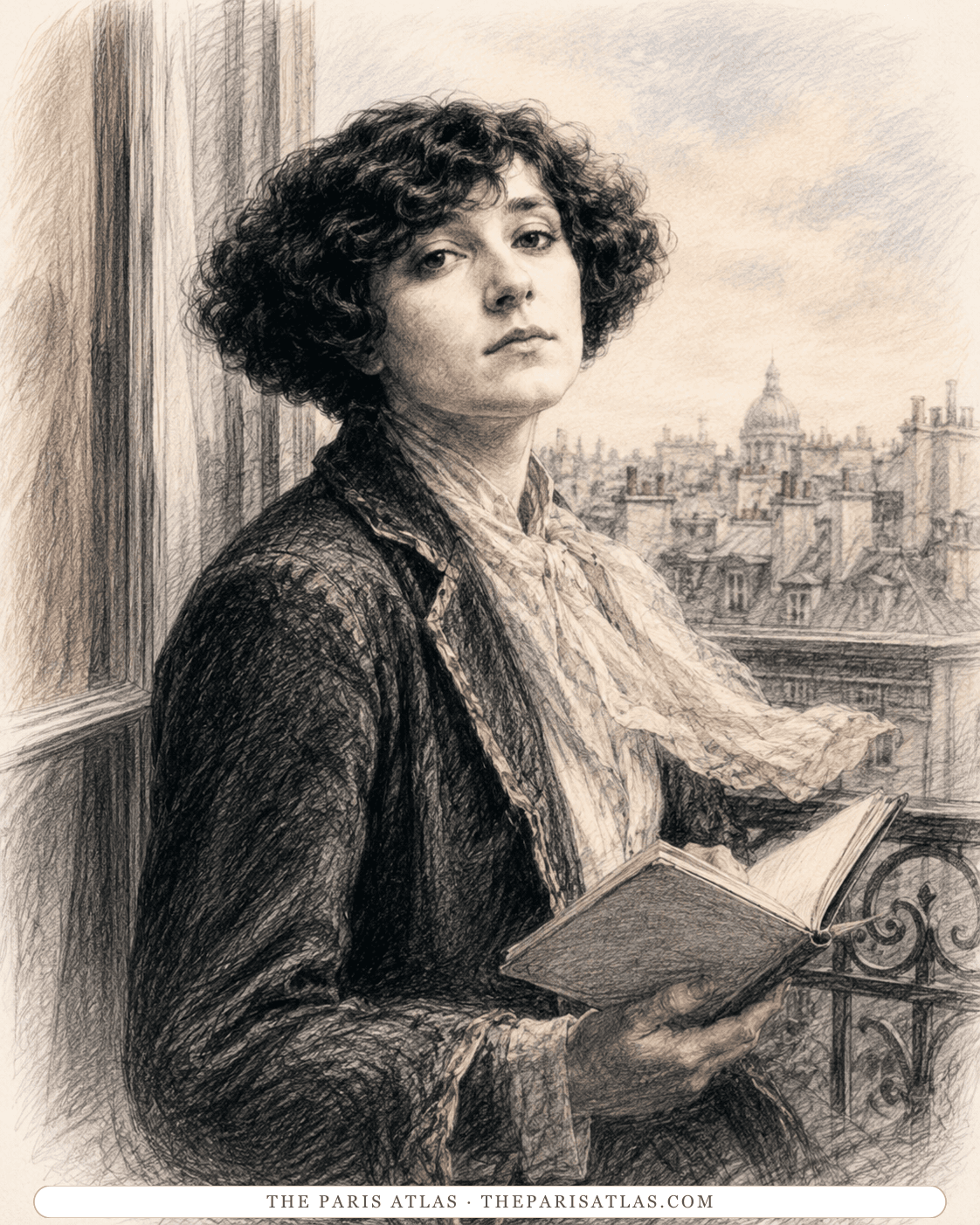 Illustration of Colette holding an open book at a window above the rooftops of Paris