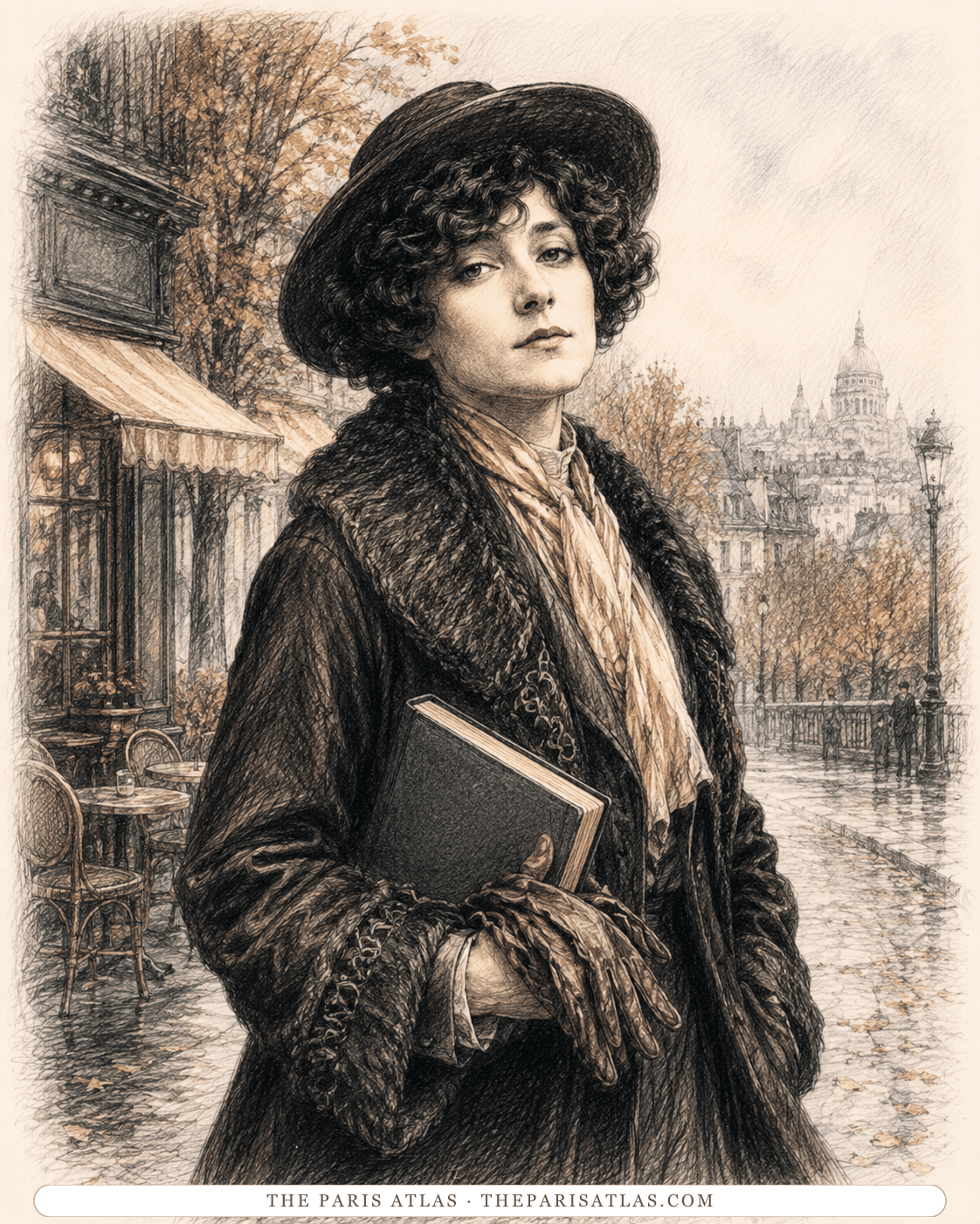 Illustration of Colette walking with a book on a Paris street, Sacré-Cœur visible in the distance