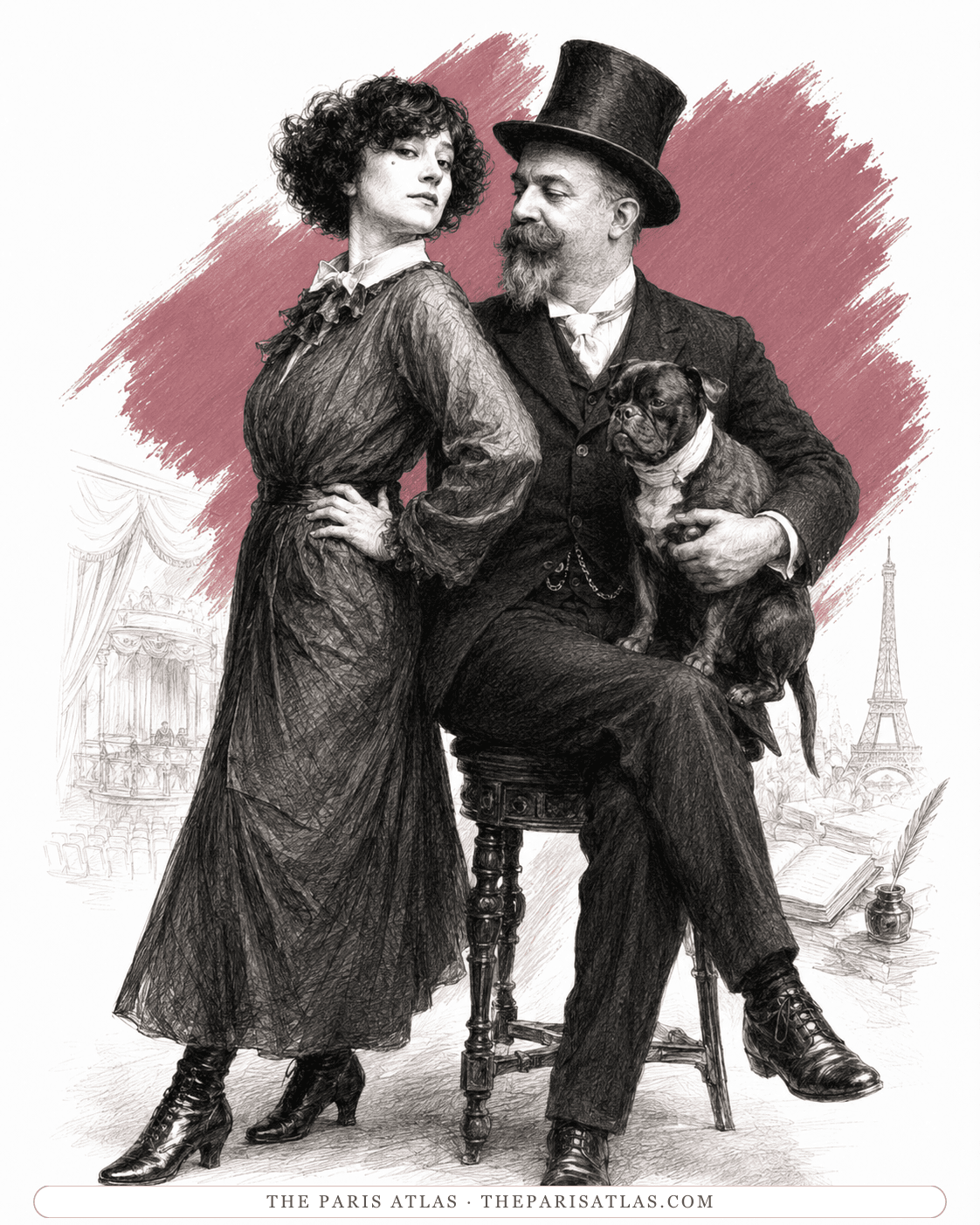 Illustration of Colette standing beside Willy, who is seated in a top hat holding their bulldog Toby