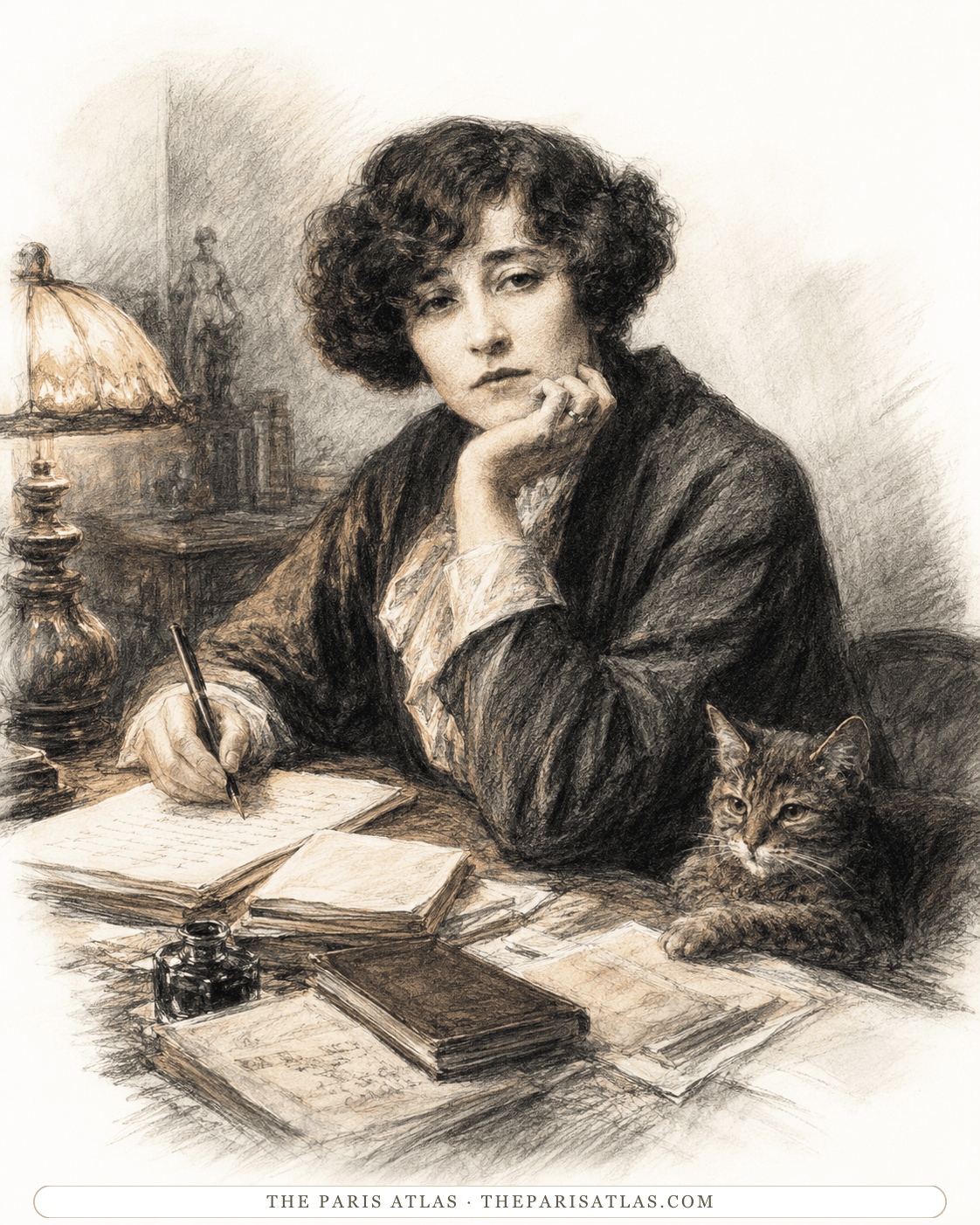 Illustration of Colette writing at a crowded desk beside a cat and an oil lamp