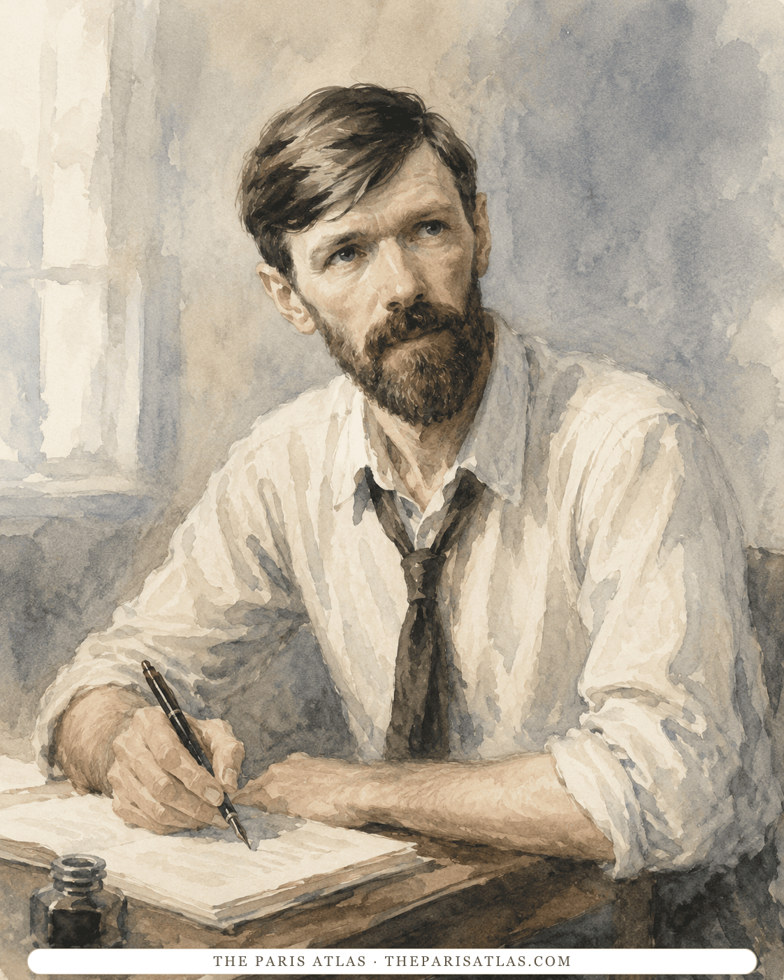 Illustration of D. H. Lawrence in shirtsleeves at a small desk, pen in hand over a sheet of paper, an ink bottle beside him and a window at his left.