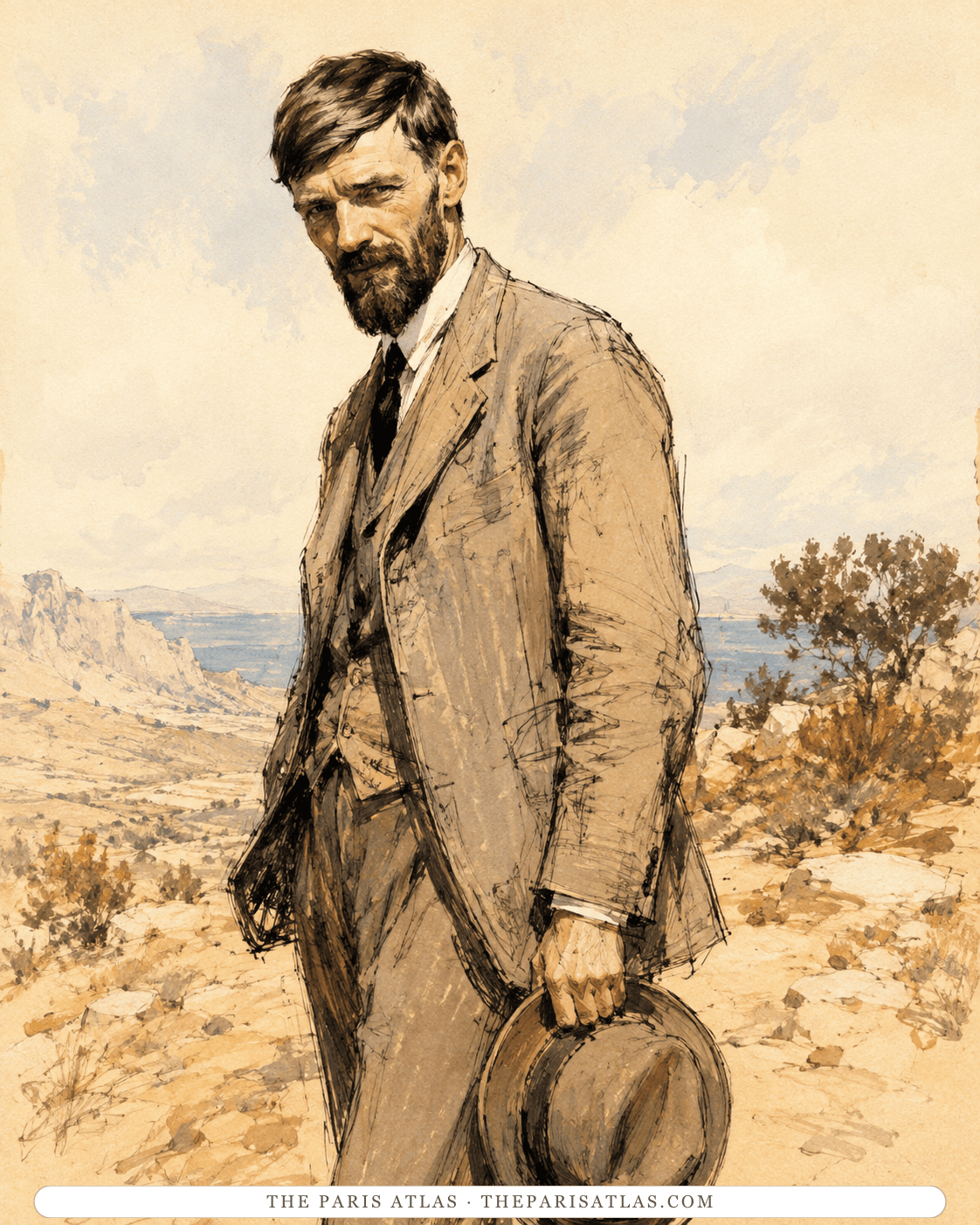 Illustration of D. H. Lawrence standing in a dry rocky landscape holding a straw hat, hills and a strip of sea behind him.