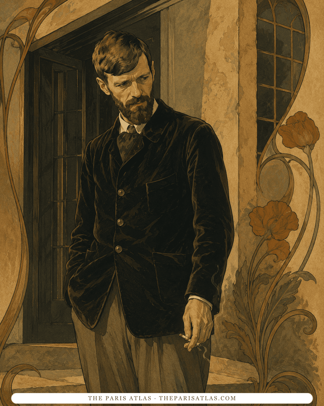 Illustration of D. H. Lawrence in a dark velvet jacket standing in a doorway with a cigarette, an Art Nouveau frame of poppies to one side.