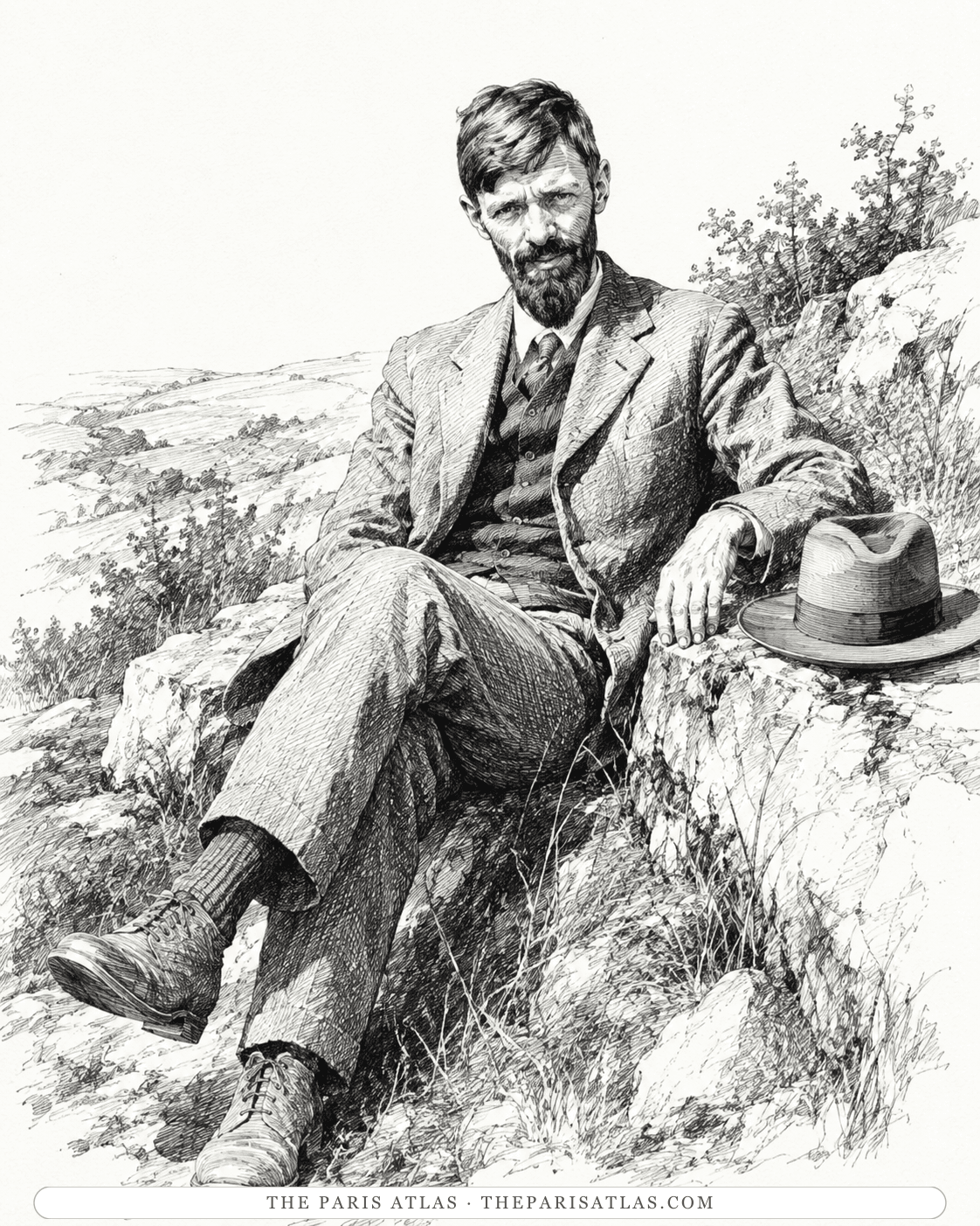 Pen-and-ink illustration of D. H. Lawrence sitting on a rock on an open hillside with his hat set down beside him