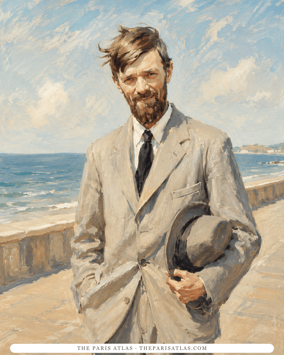Impressionist oil illustration of D. H. Lawrence on a sunlit seafront promenade holding a black hat, the sea behind him