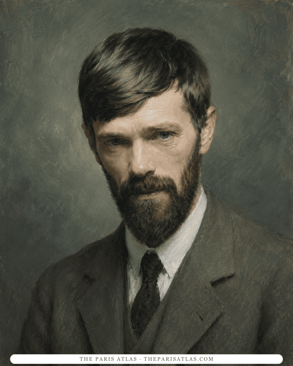 Painted portrait illustration of D. H. Lawrence in a grey suit against a dark green ground