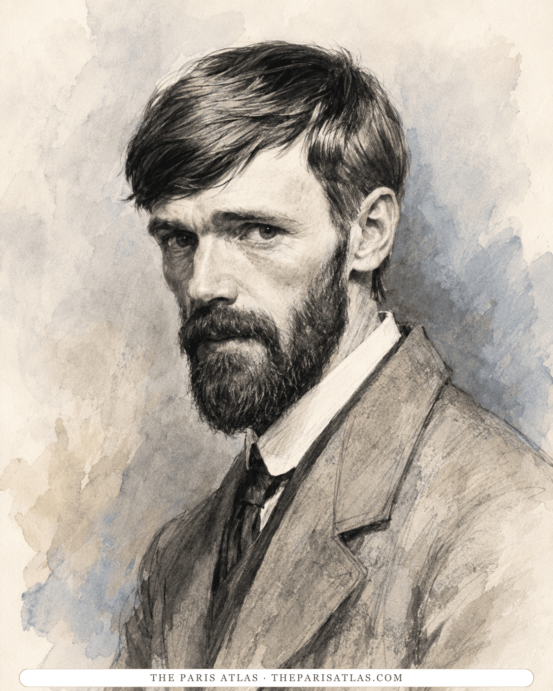 Watercolour and ink illustration of D. H. Lawrence in a jacket and tie, head and shoulders, against a pale wash