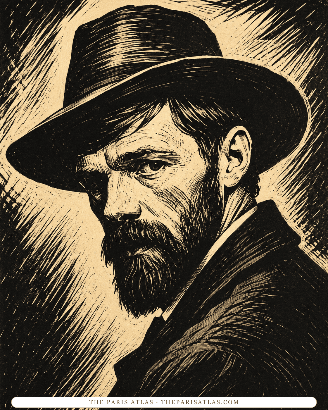 Woodcut-style illustration of D. H. Lawrence in a wide-brimmed hat, cut in heavy black lines