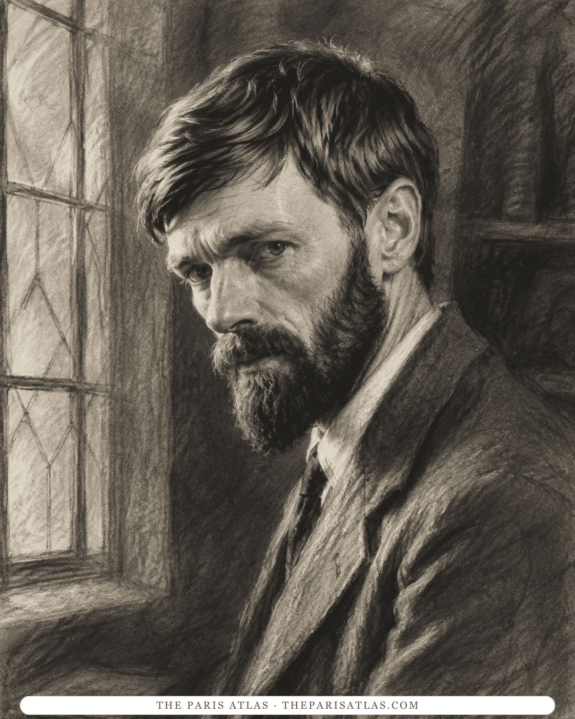 Charcoal illustration of D. H. Lawrence seated at a leaded window with bookshelves behind him
