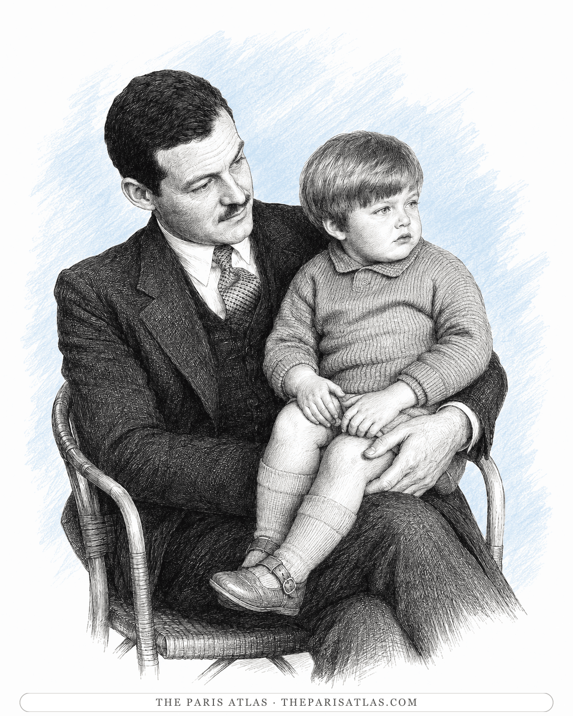 Illustration of Ernest Hemingway seated with his young son Bumby on his lap
