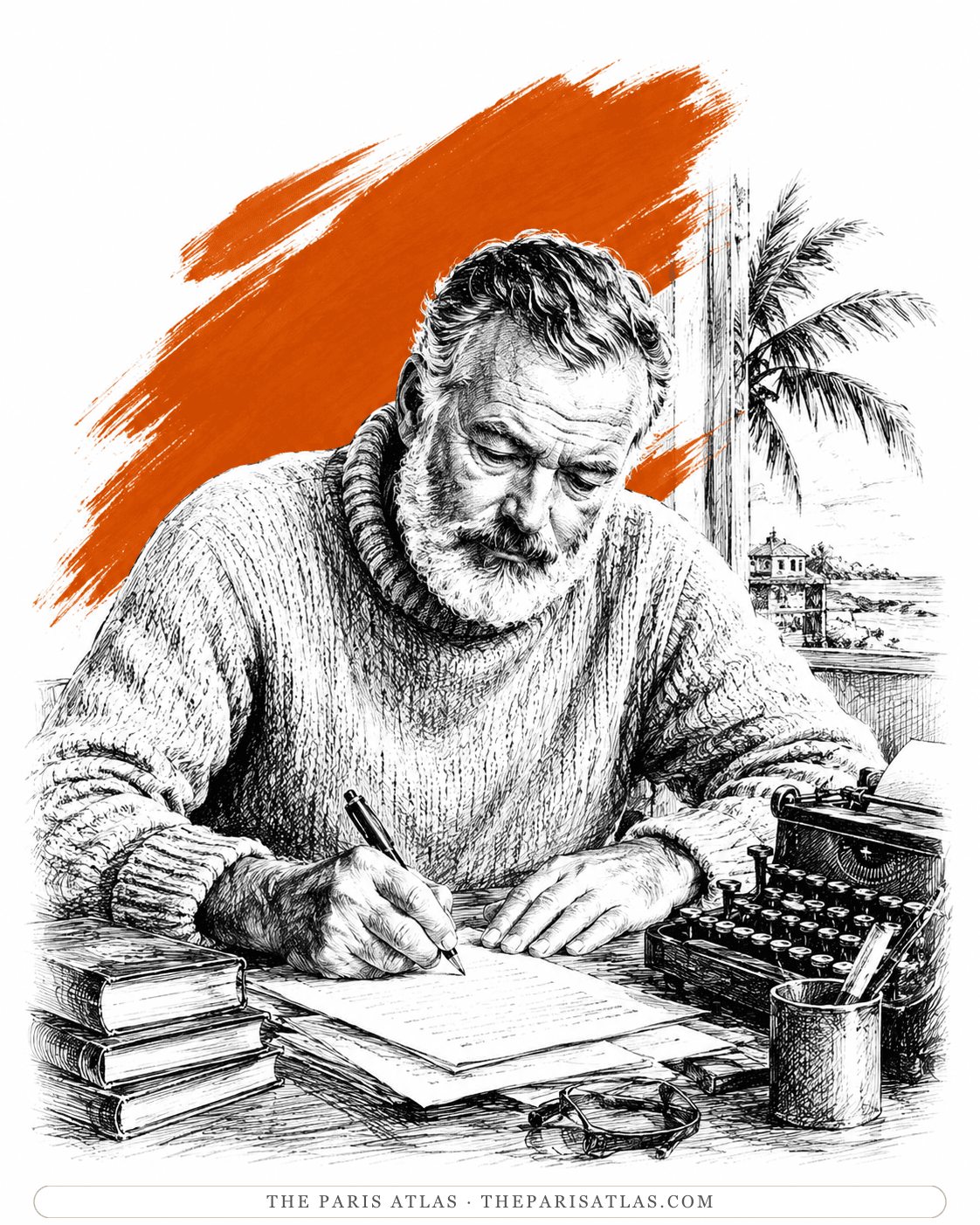 Illustration of an older Ernest Hemingway writing at a desk with a typewriter