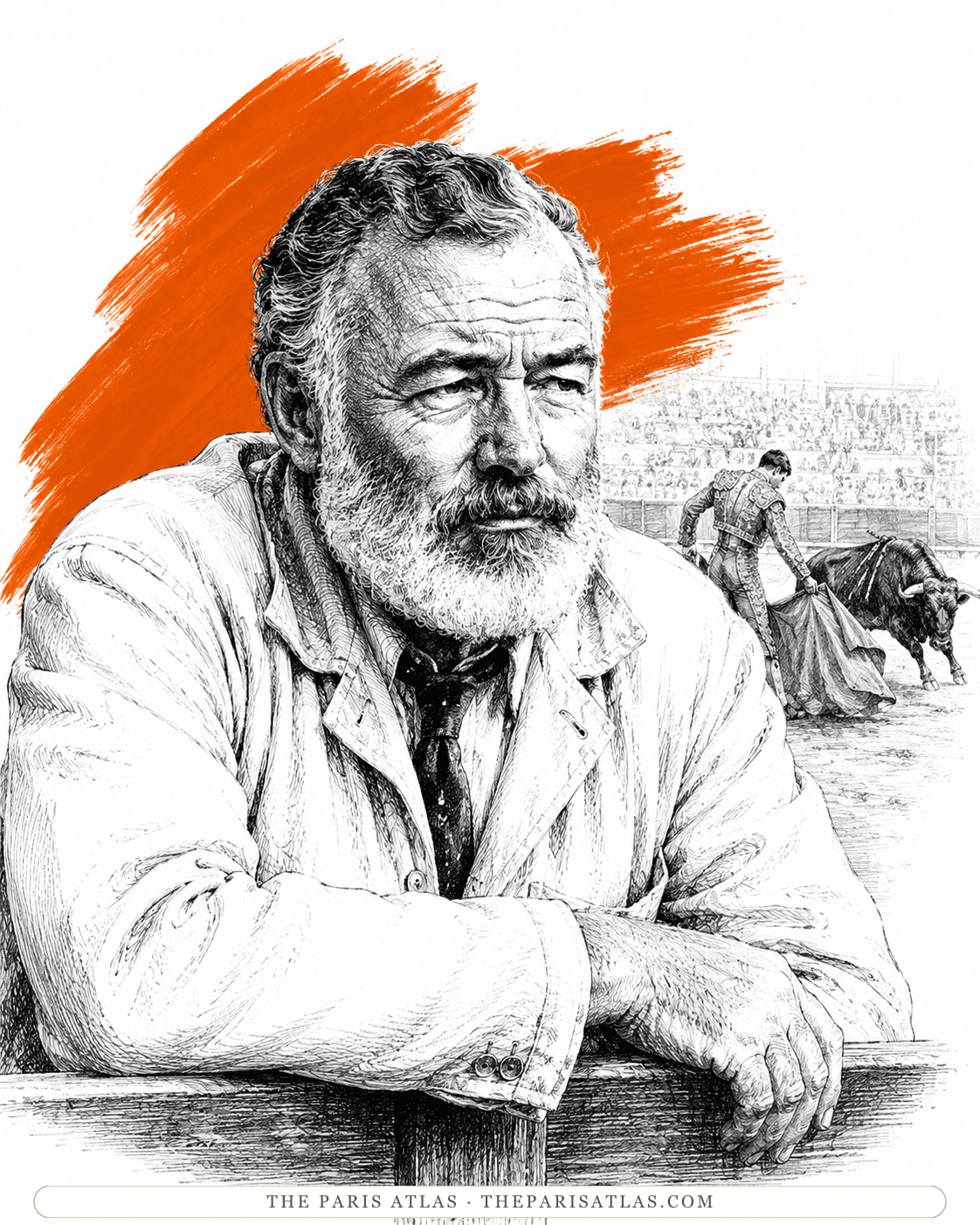 Illustration of Ernest Hemingway at a bullring, a matador and bull behind him