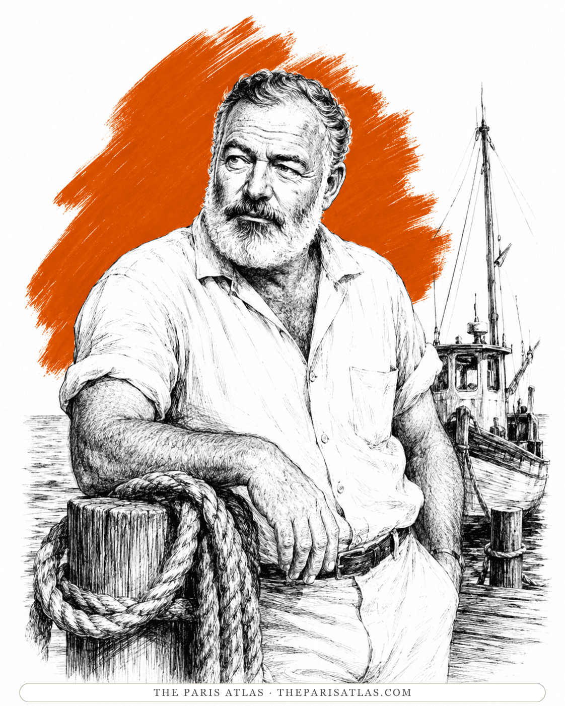 Illustration of Ernest Hemingway on a dock beside a fishing boat
