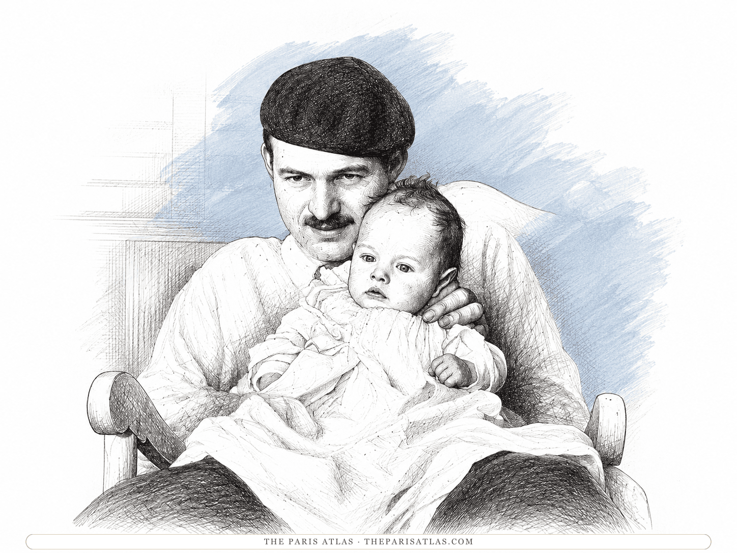Illustration of Ernest Hemingway holding the infant Bumby