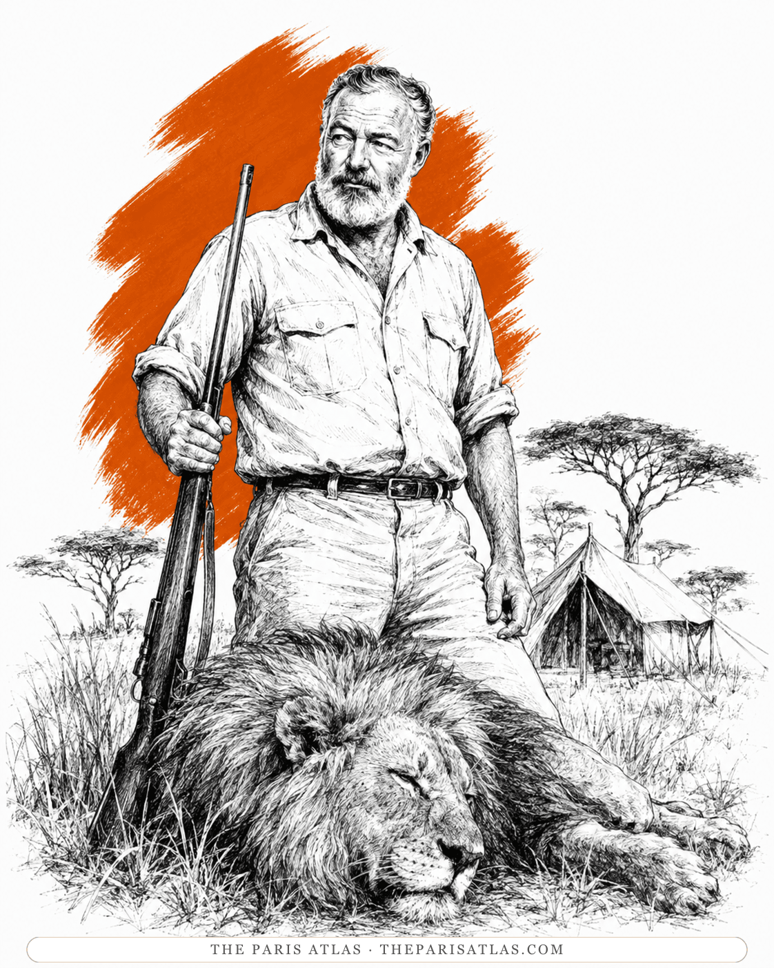 Illustration of Ernest Hemingway on an African safari, holding a rifle