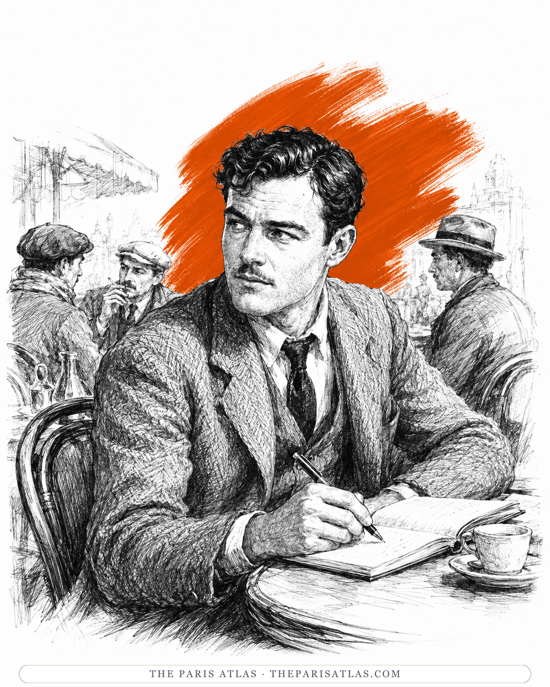Illustration of a young Ernest Hemingway writing in a notebook at a Paris café