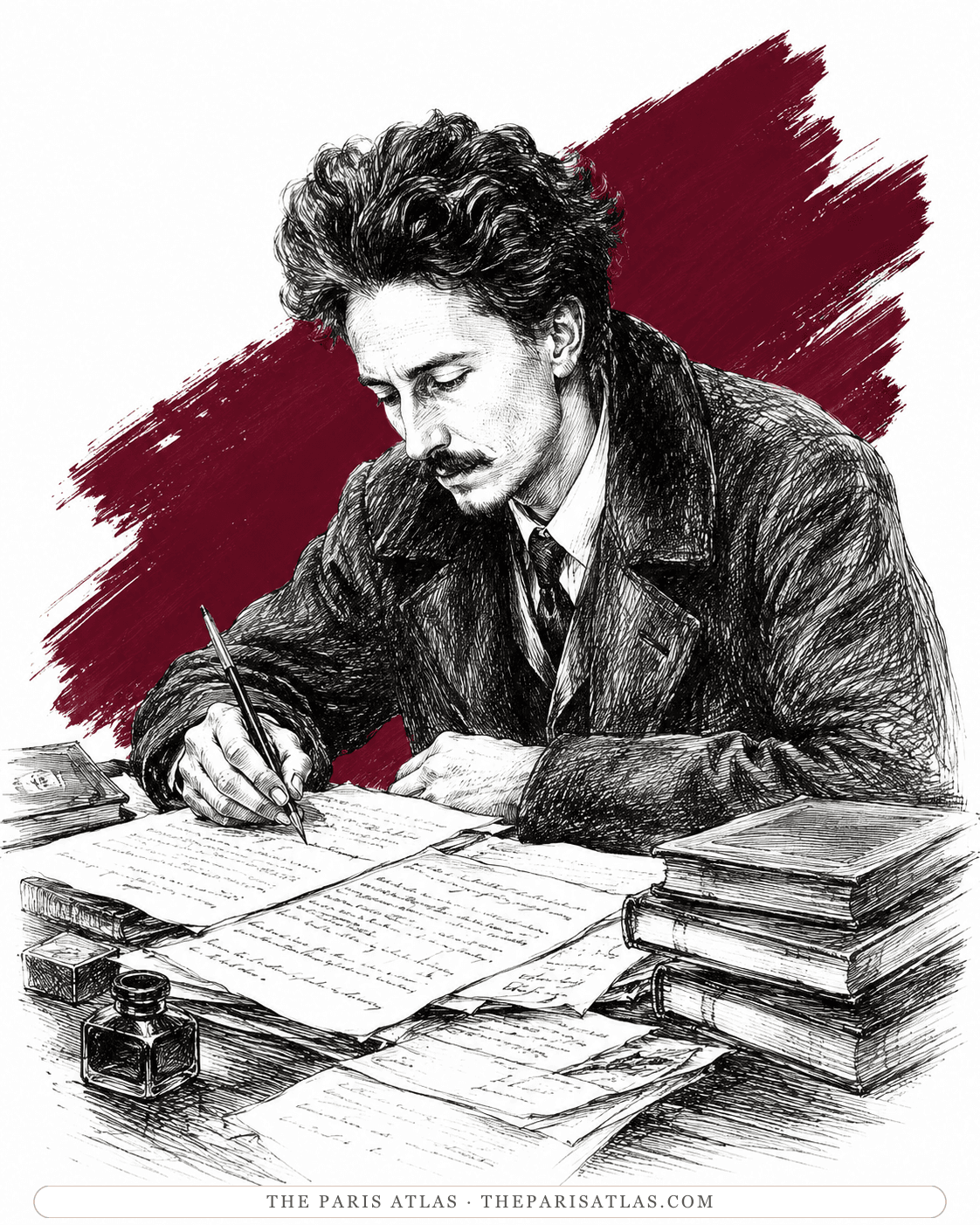 Illustration of Ezra Pound writing at a desk crowded with papers, books, and an inkwell