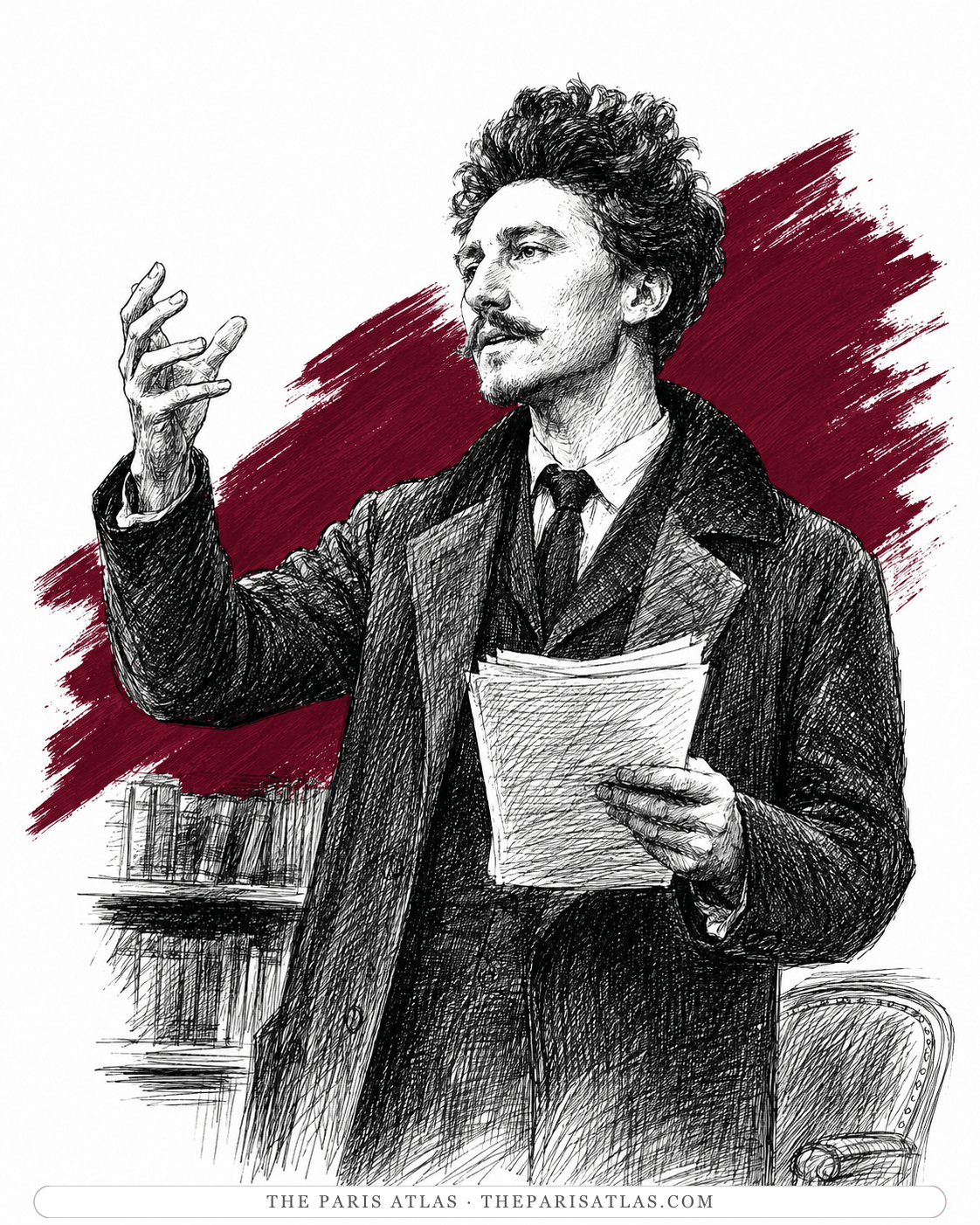 Illustration of a young Ezra Pound gesturing mid-speech, holding papers before a bookshelf